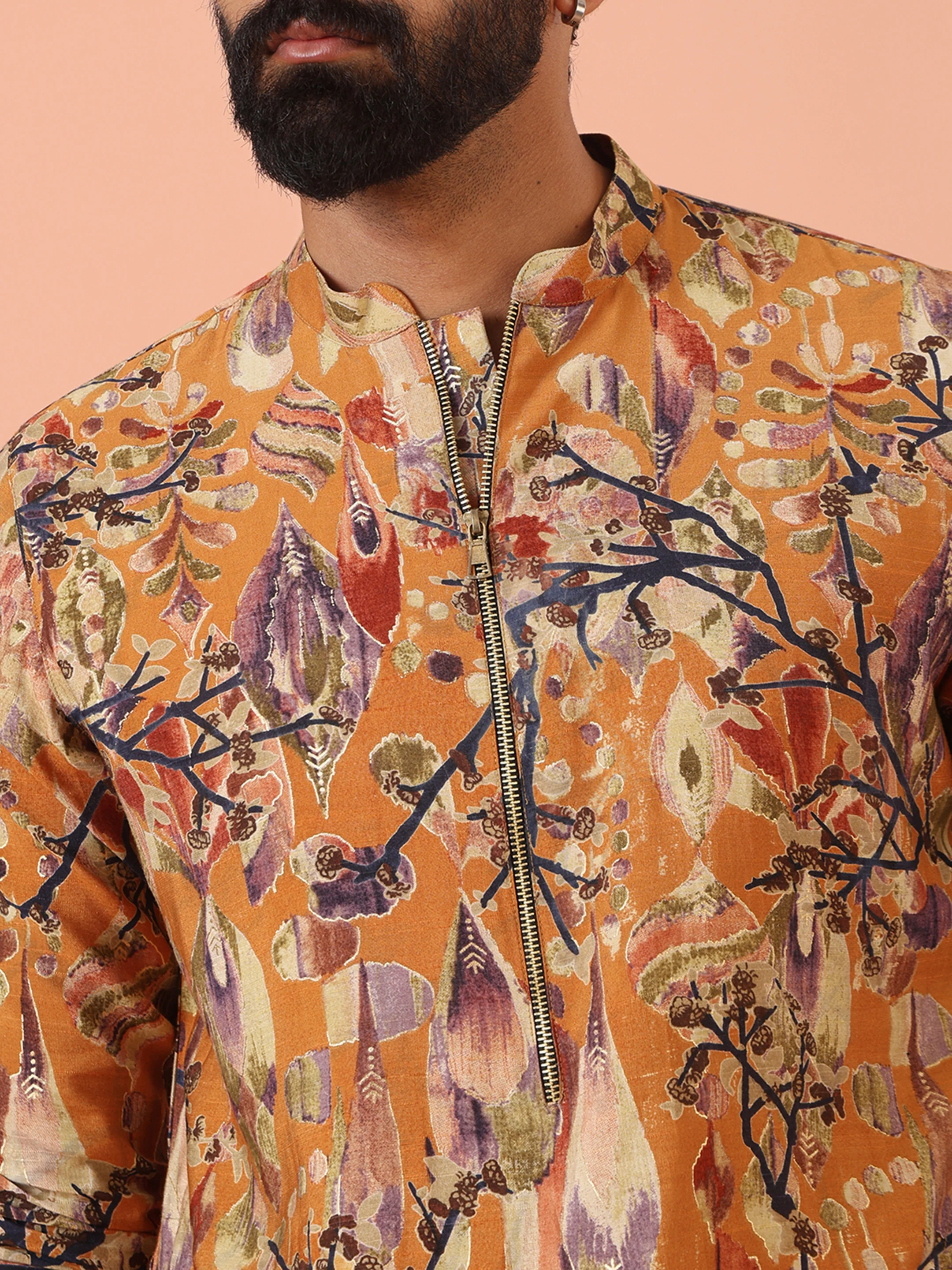 Orange Printed Silk Blend Long Kurta - Image 5