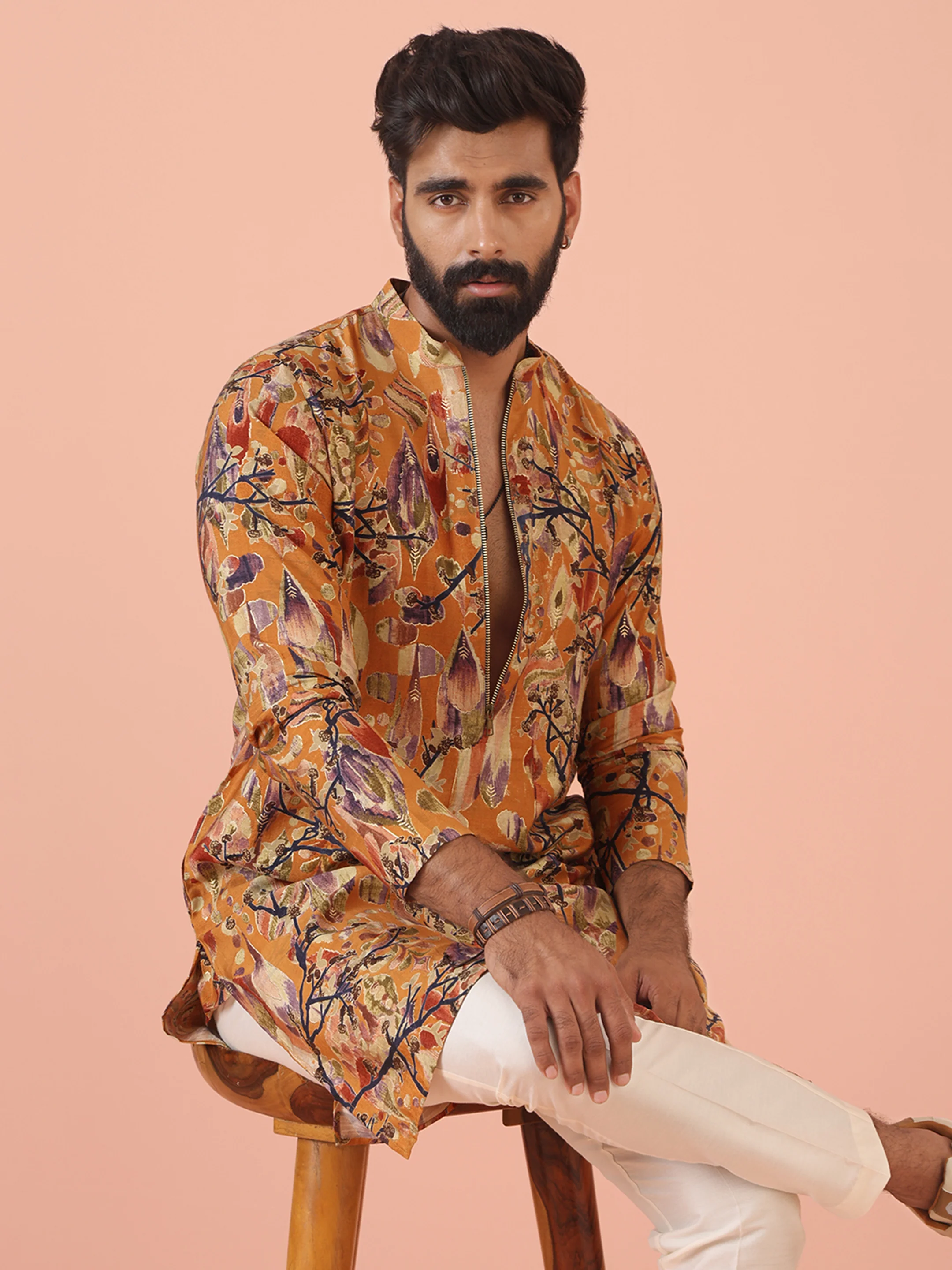 Orange Printed Silk Blend Long Kurta - Image 6
