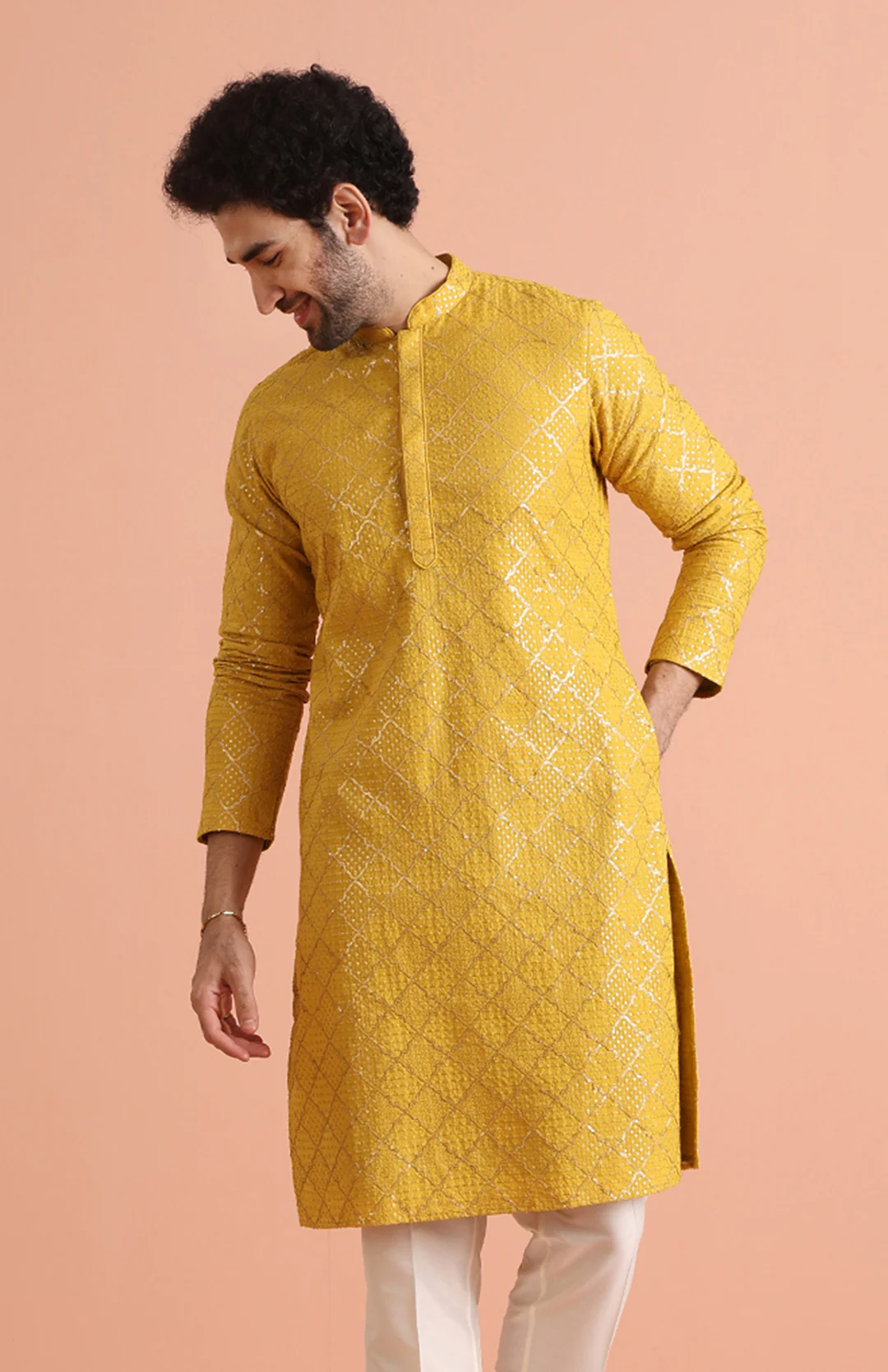 Yellow Sequin Embroidered Kurta - Image 2