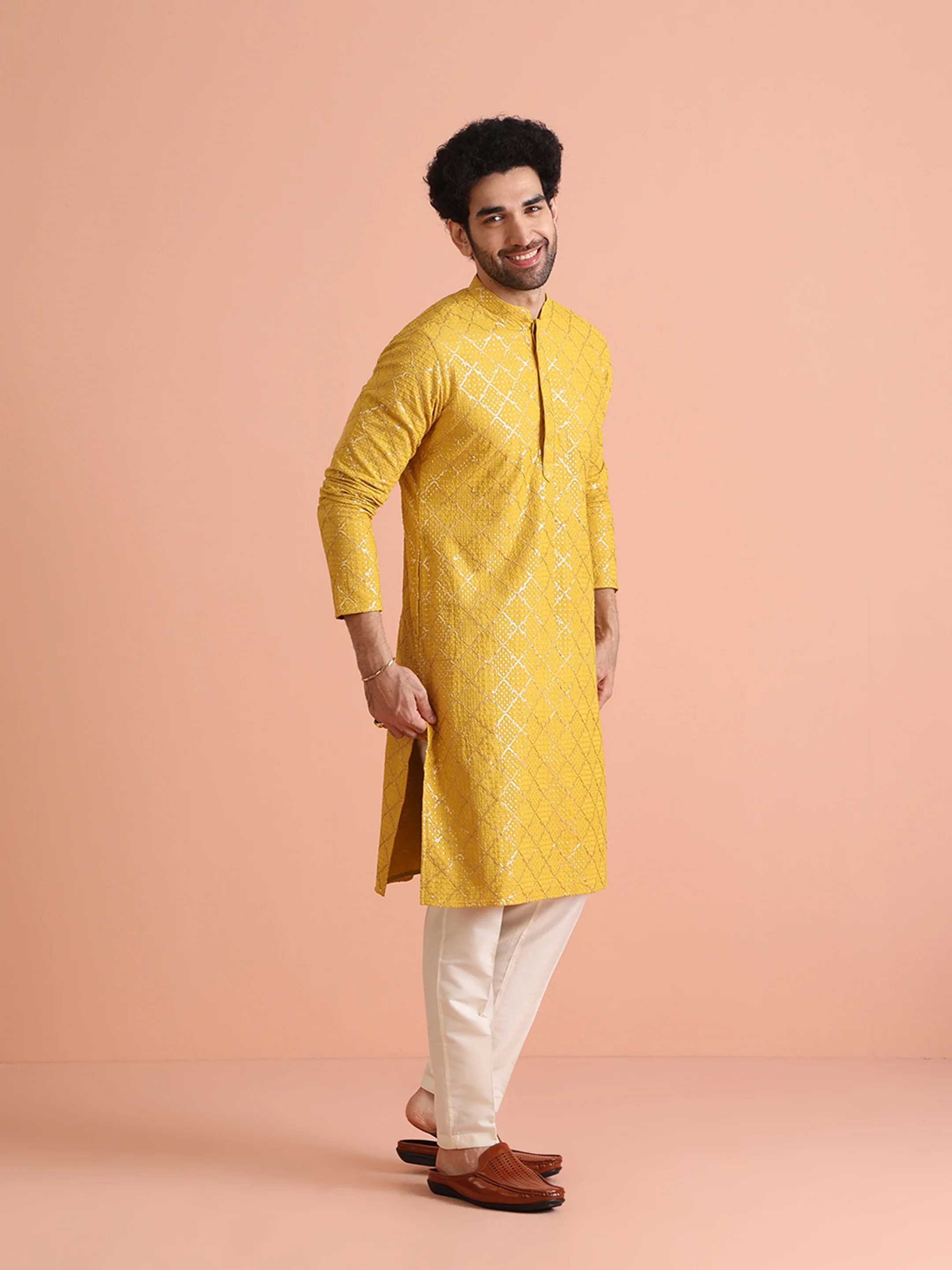 Yellow Sequin Embroidered Kurta - Image 3