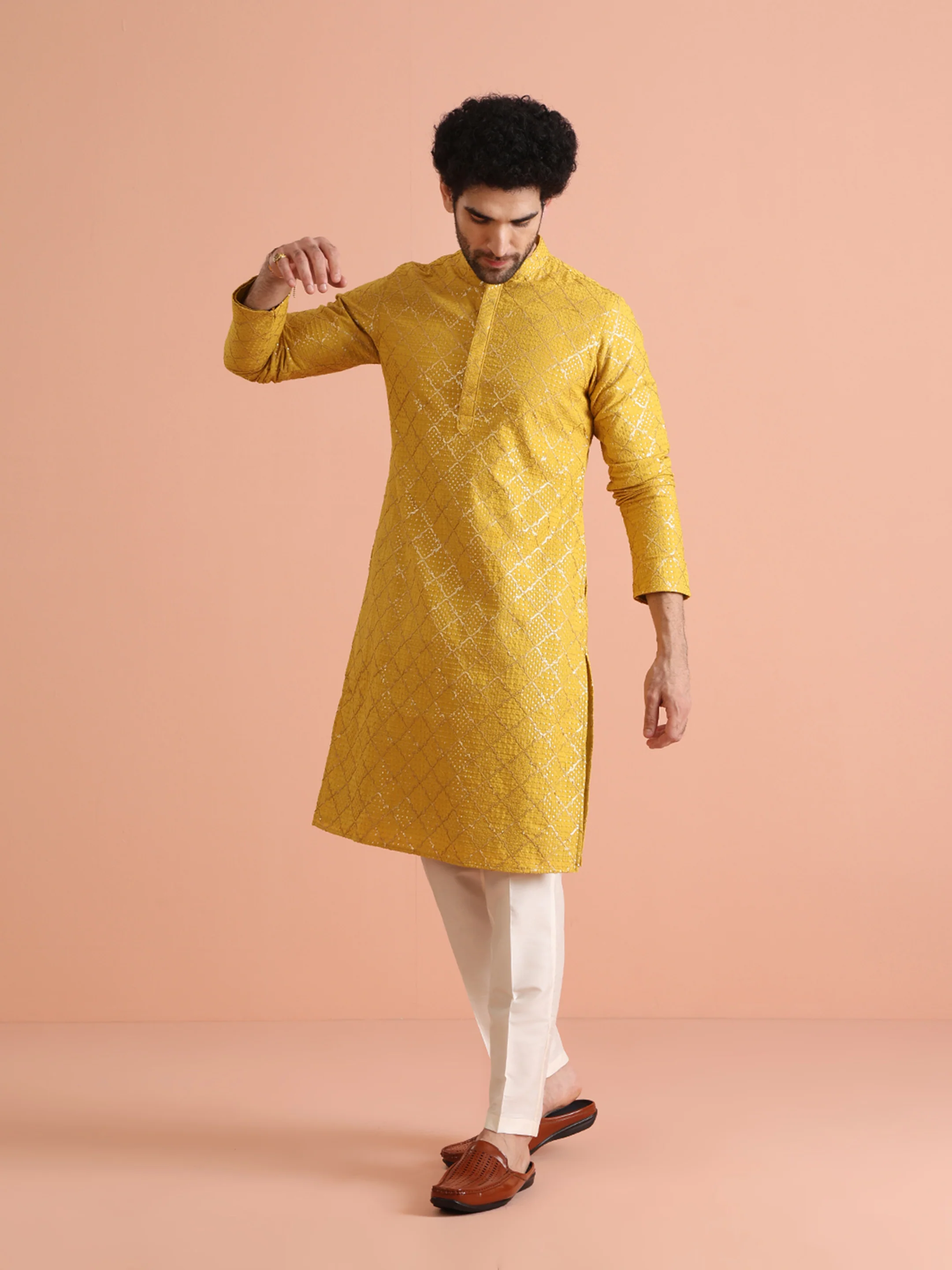Yellow Sequin Embroidered Kurta - Image 4