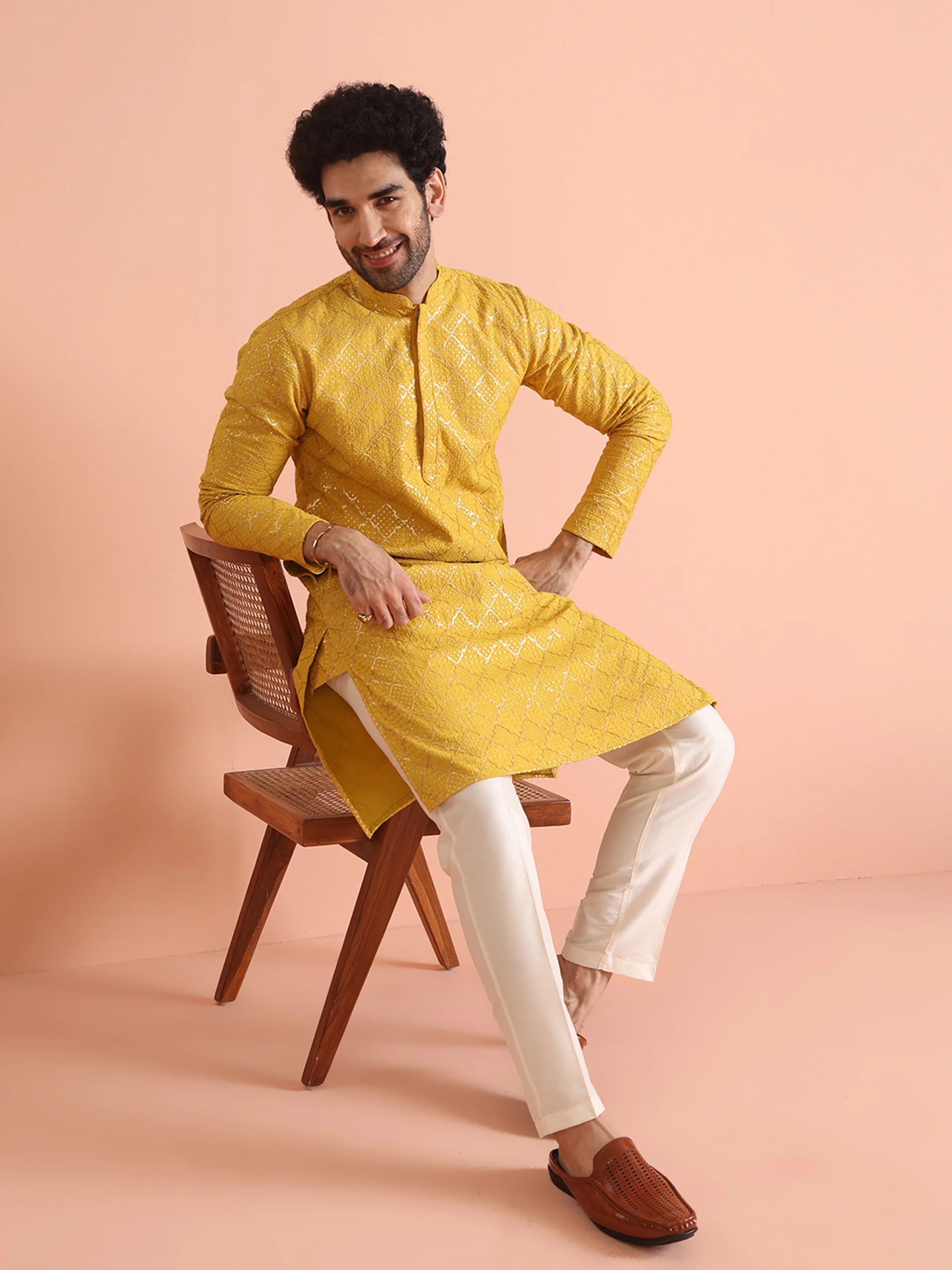 Men Yellow Sequinned Kurta Trouser Set - Image 8