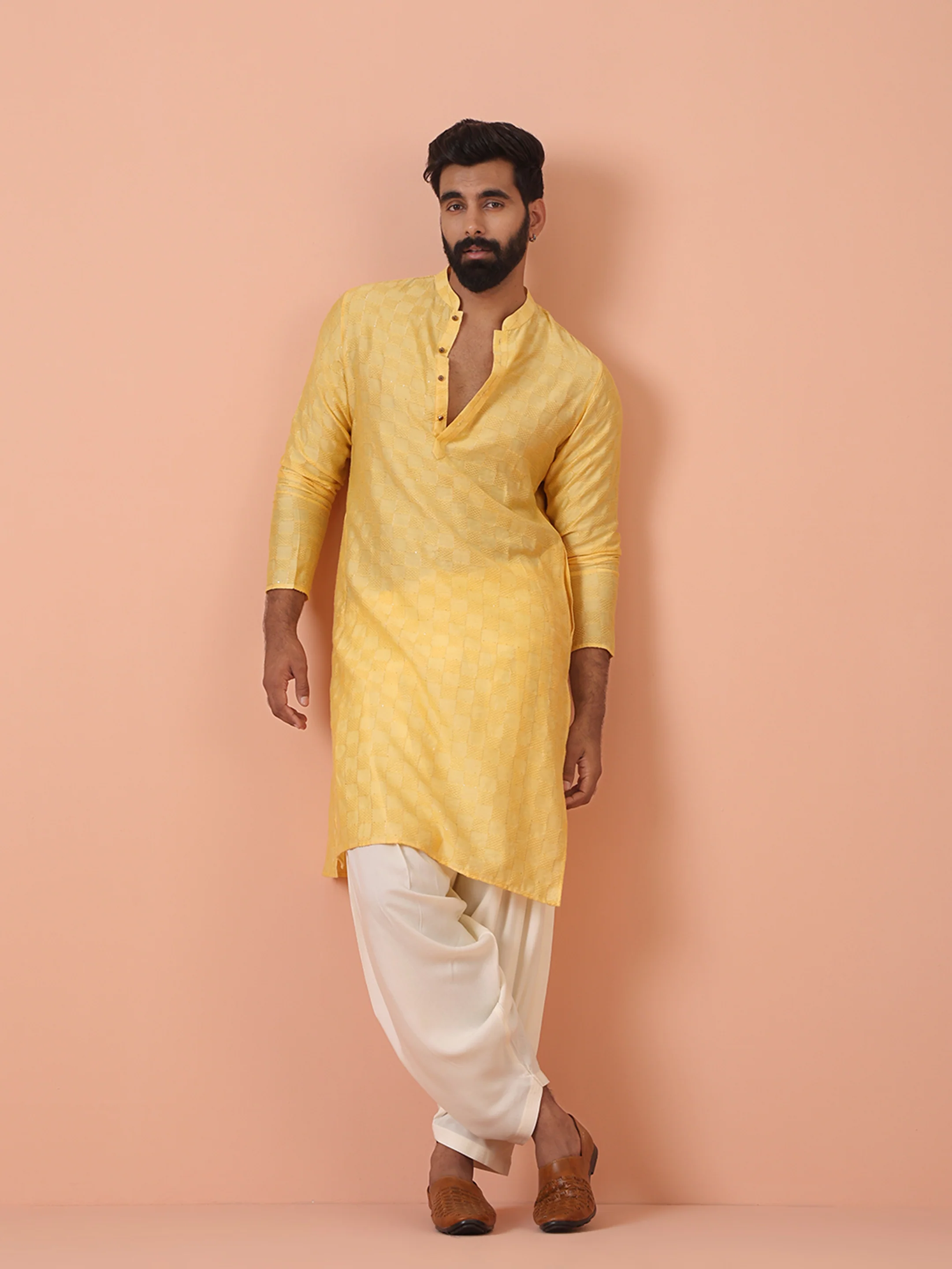 Yellow Jacquard Kurta with White Patiala