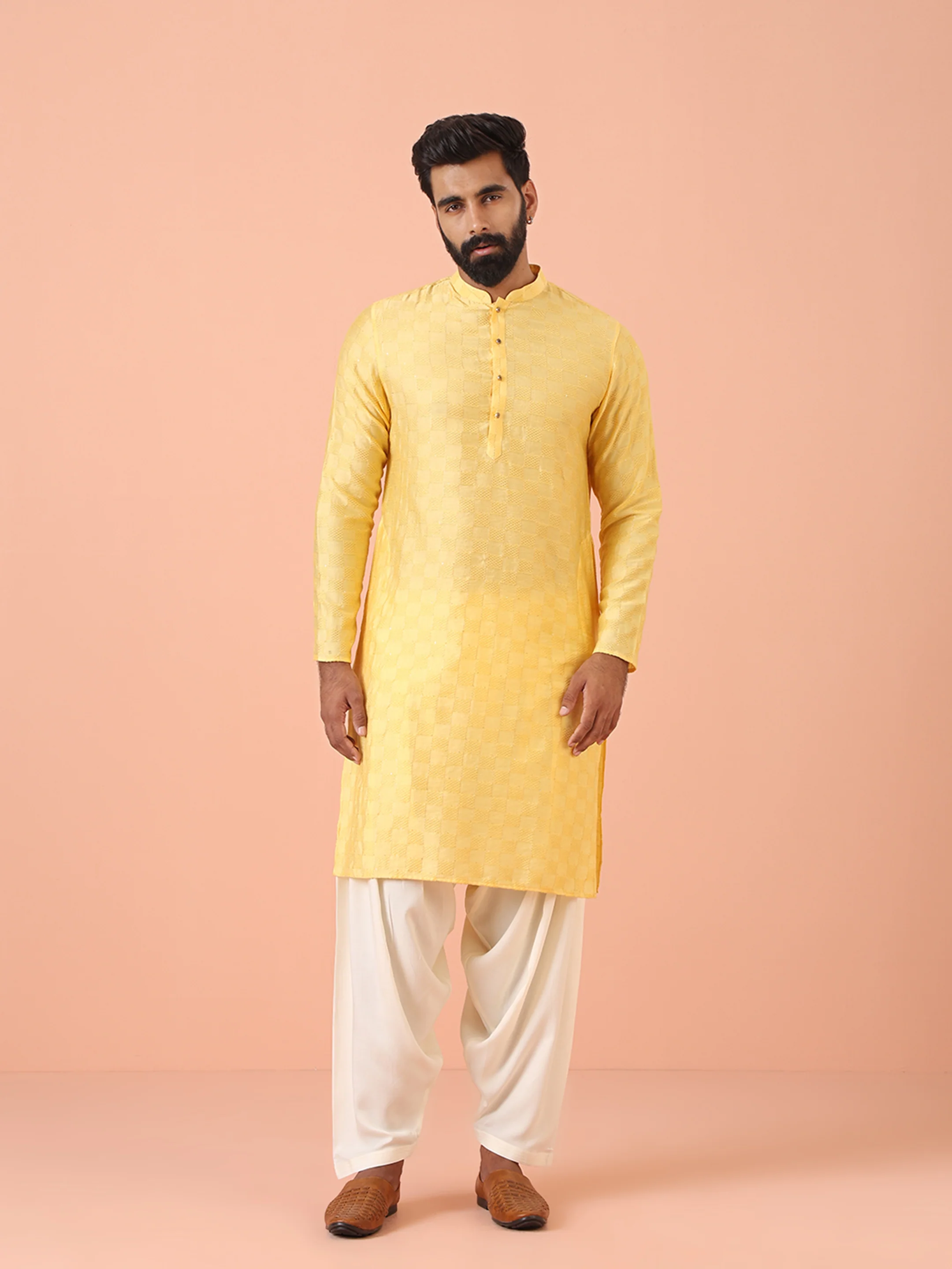Yellow Jacquard Kurta with White Patiala - Image 2