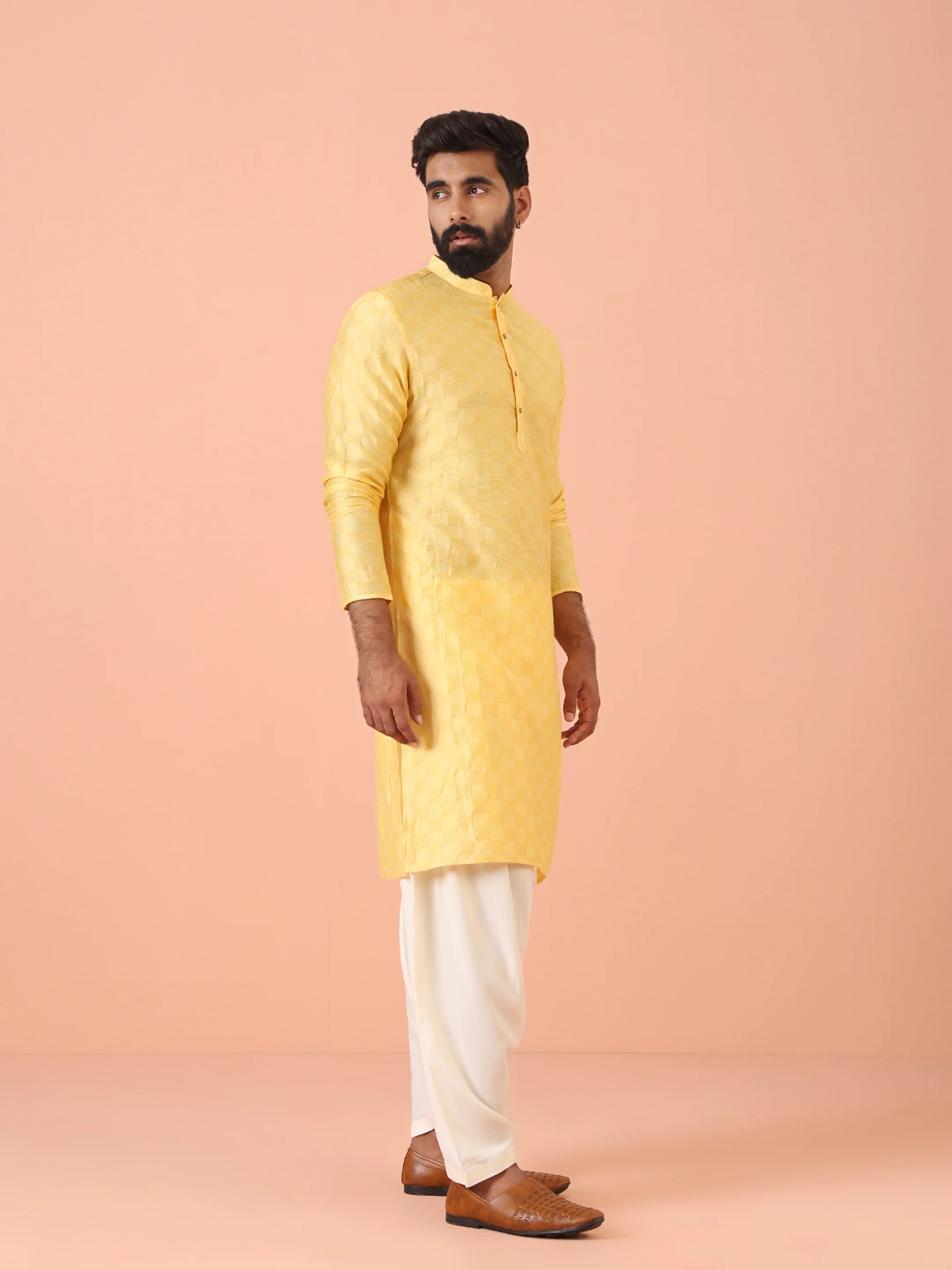 Yellow Jacquard Kurta with White Patiala - Image 3