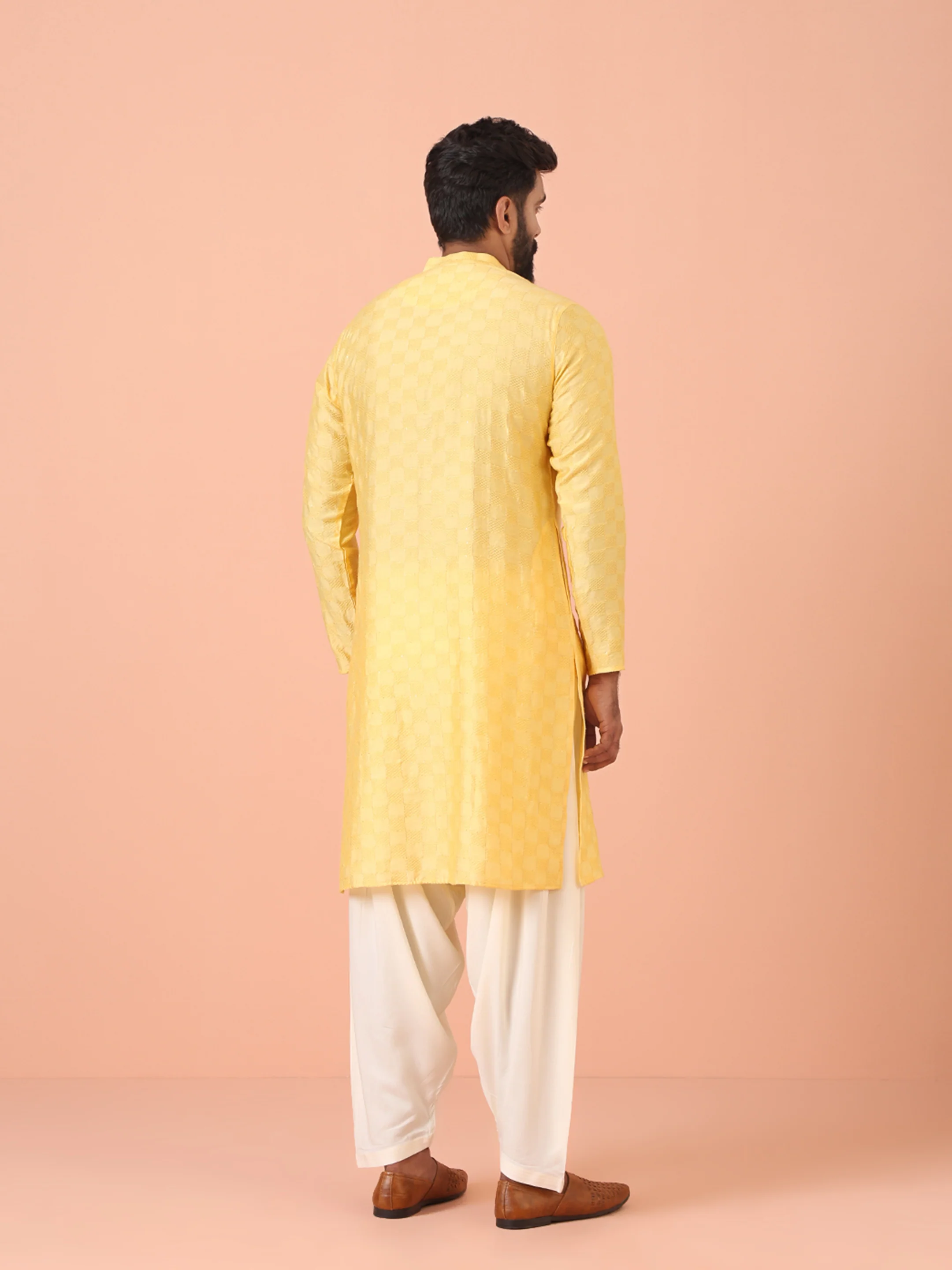 Yellow Jacquard Kurta with White Patiala - Image 5