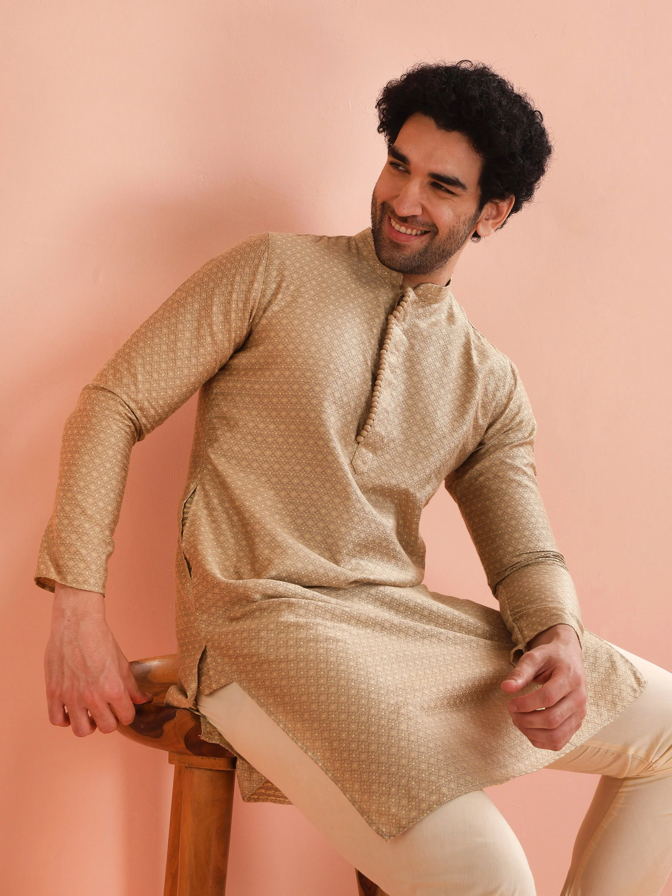 Beige Silk Blend Textured Kurta Cream Churidar - Image 7