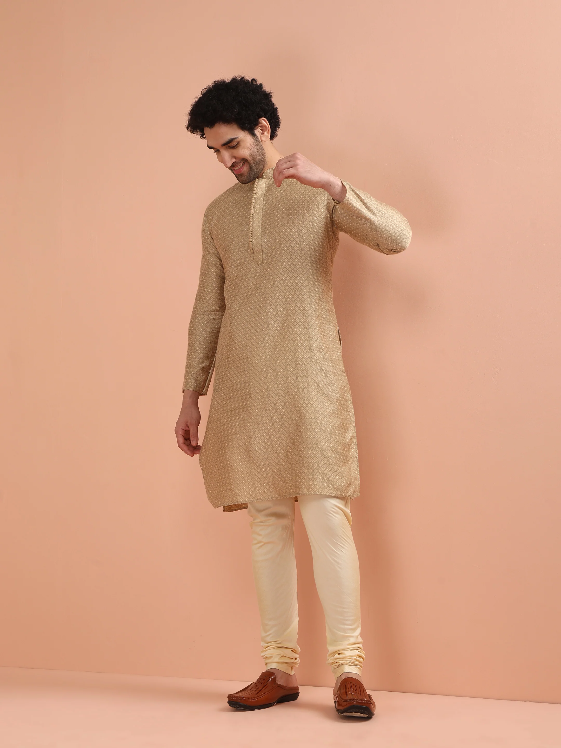 Beige Silk Blend Textured Long Kurta - Image 6