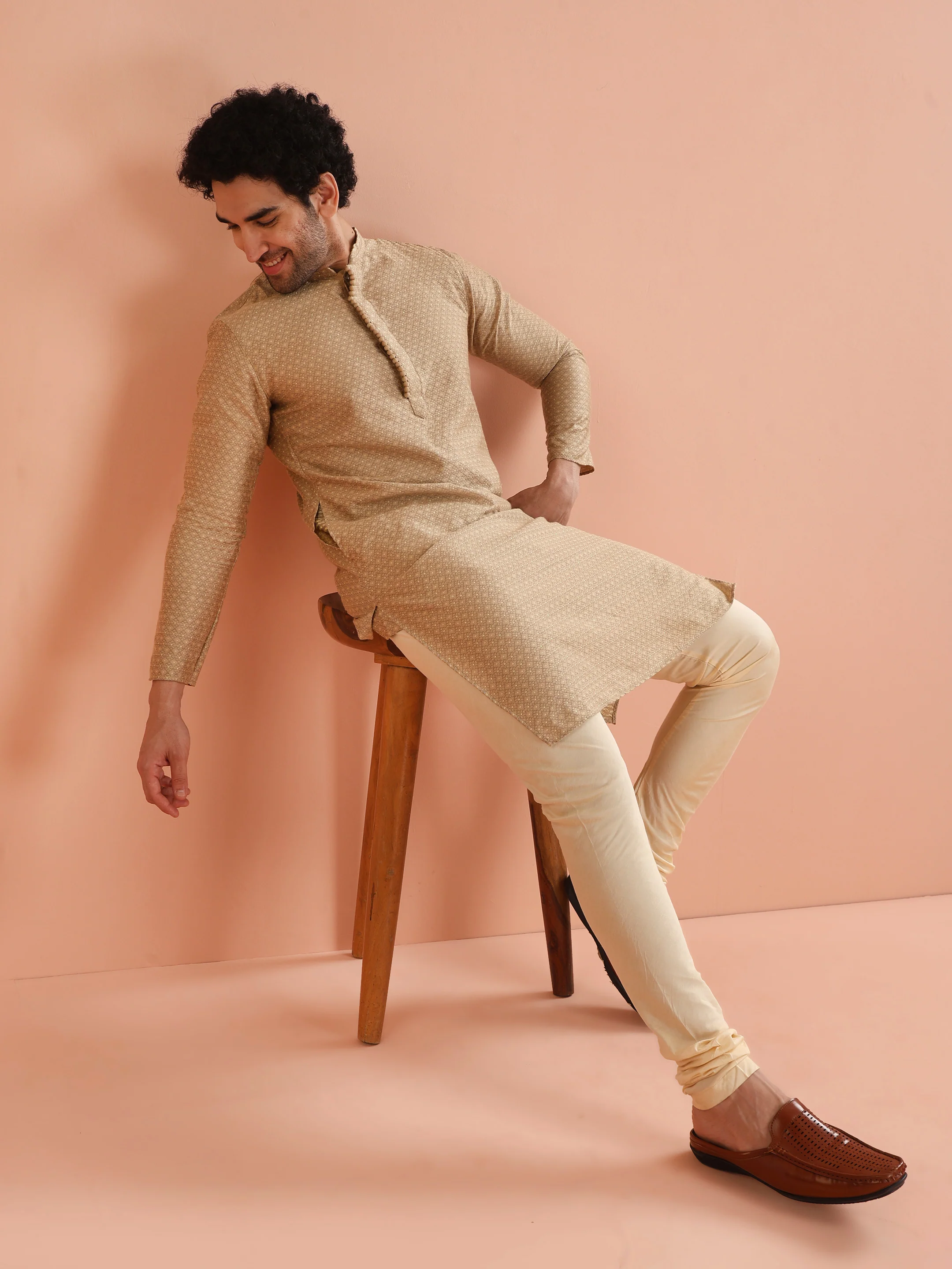 Beige Silk Blend Textured Long Kurta - Image 7