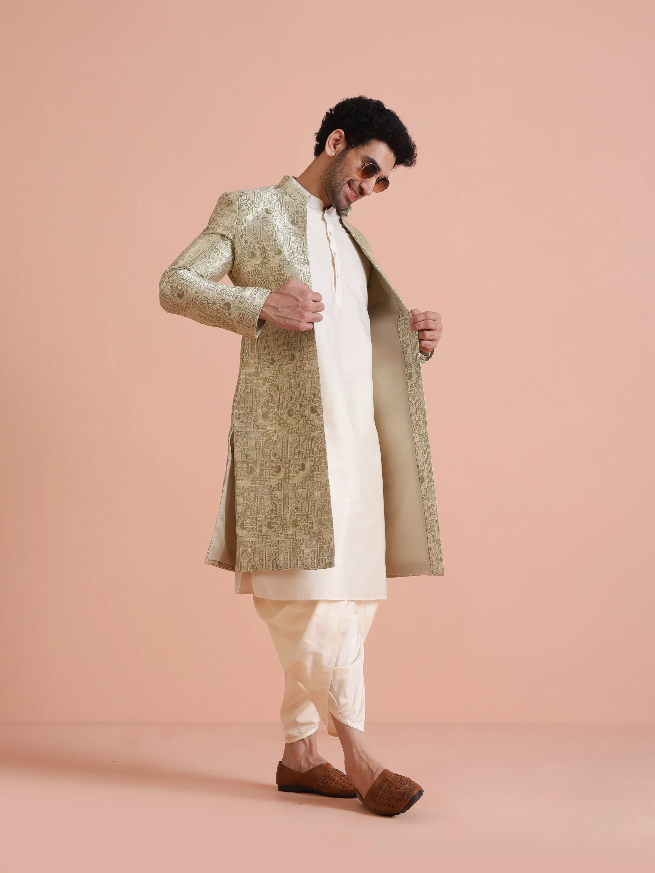 Men's Beige Kurta Indowestern Dhoti Set - Image 2