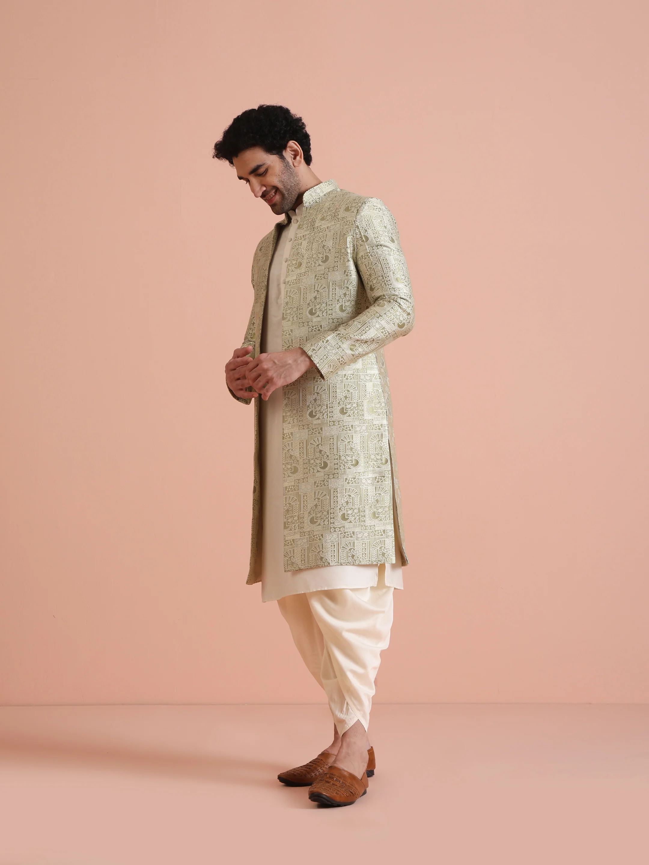 Men's Beige Kurta Indowestern Dhoti Set - Image 3