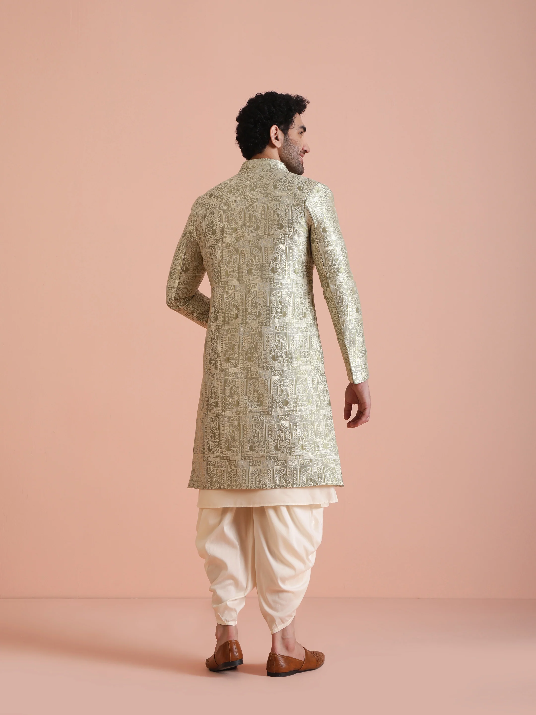 Men's Beige Kurta Indowestern Dhoti Set - Image 4