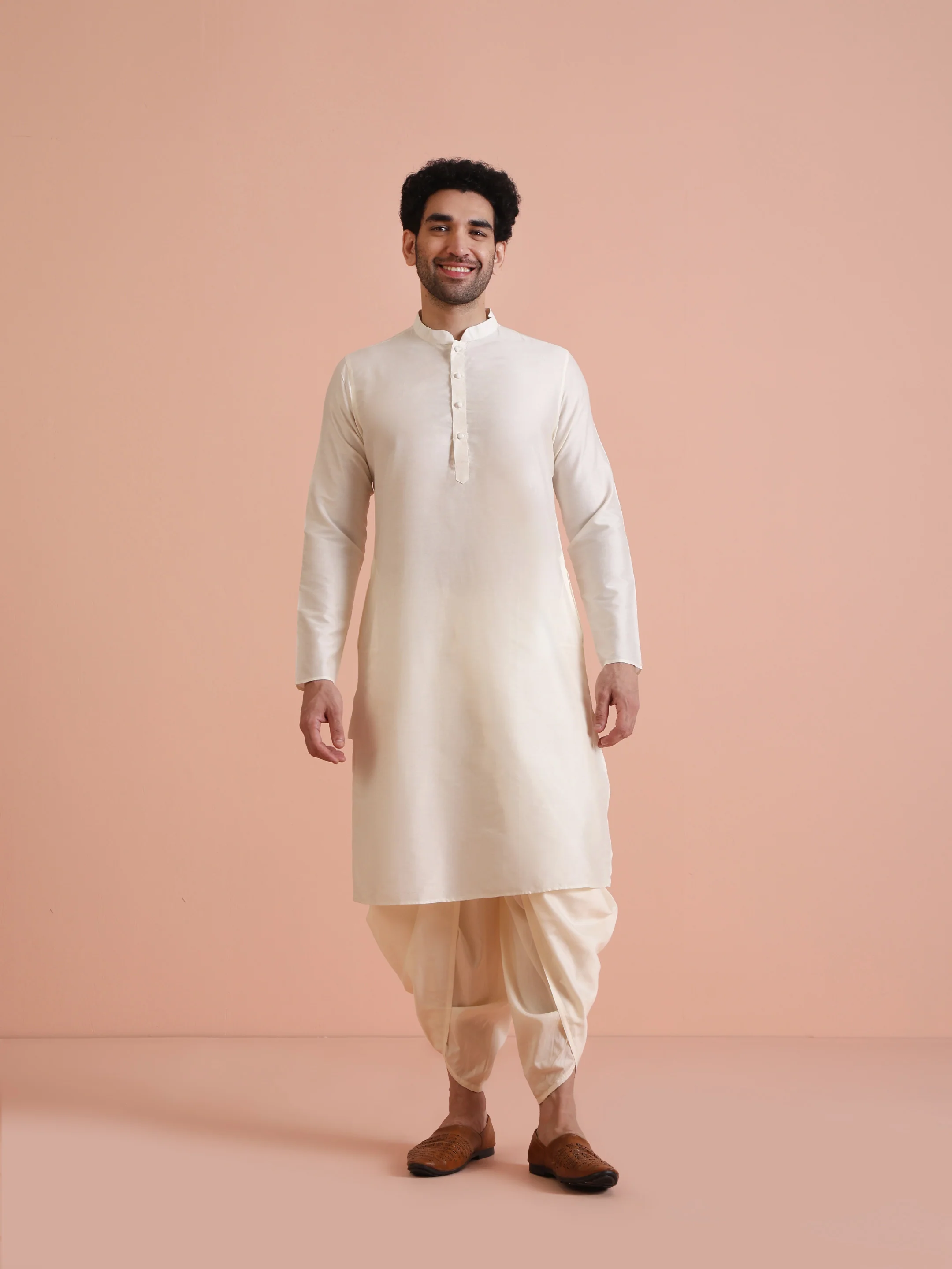Men's Beige Kurta Indowestern Dhoti Set - Image 7