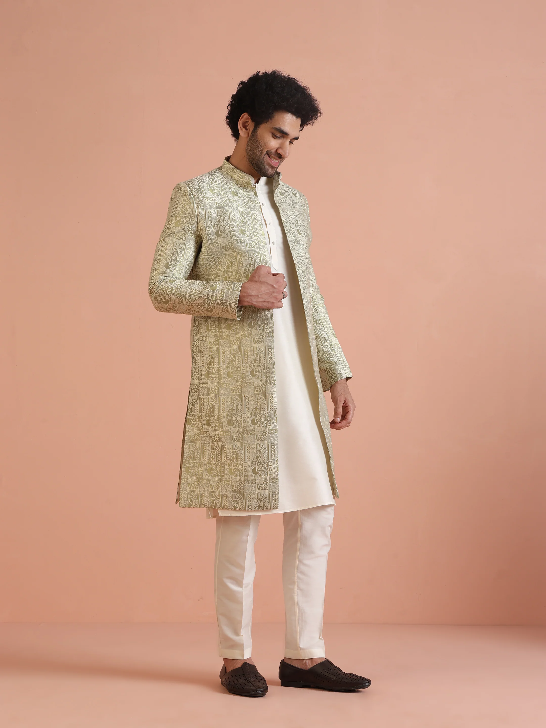 Cream Silk Blend Kurta Sherwani Set with Jacquard Indo-Western Jacket and Trousers â€“ Festive & Wedding Ensemble - Image 2