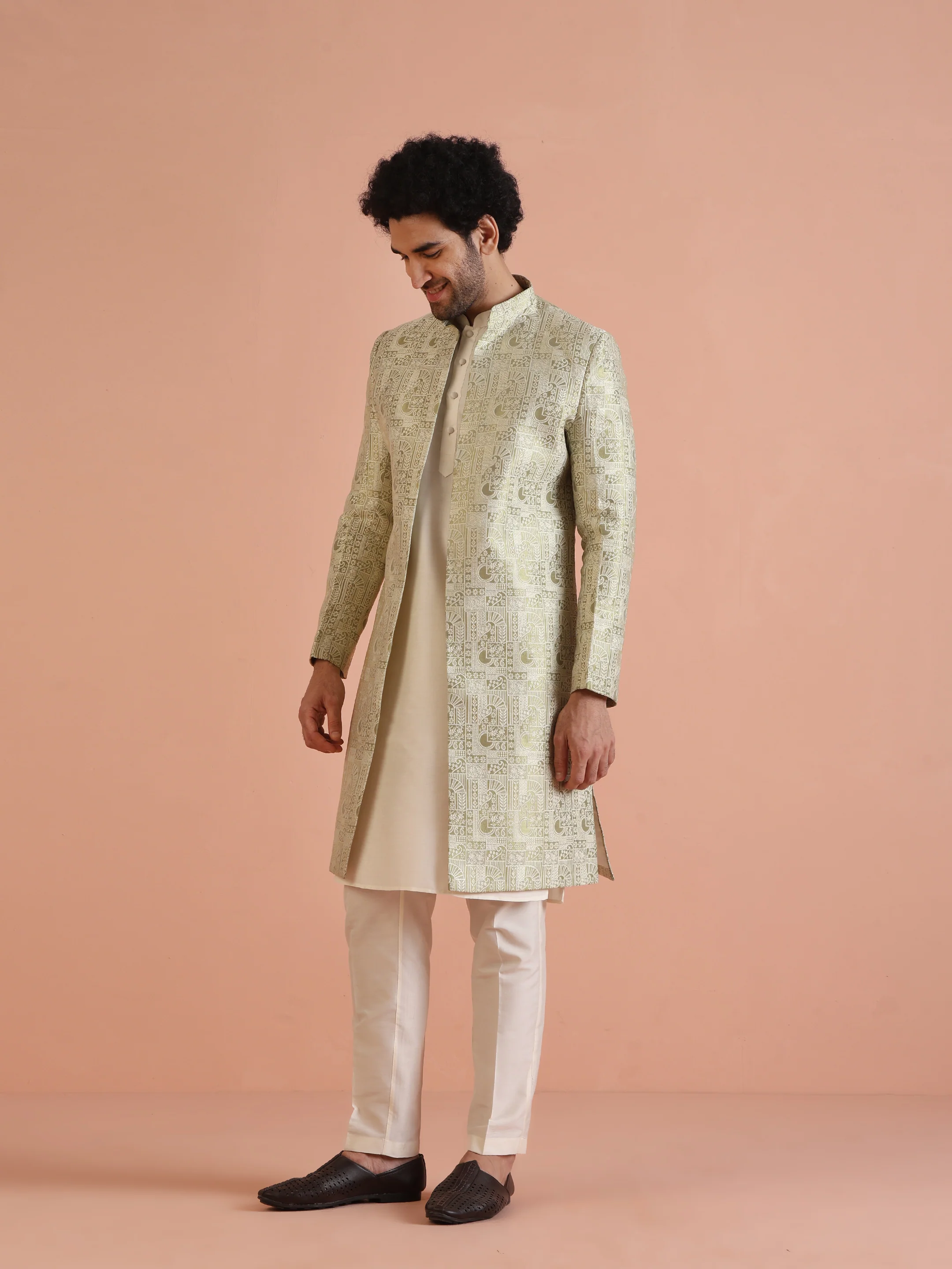 Cream Silk Blend Kurta Sherwani Set with Jacquard Indo-Western Jacket and Trousers â€“ Festive & Wedding Ensemble - Image 3