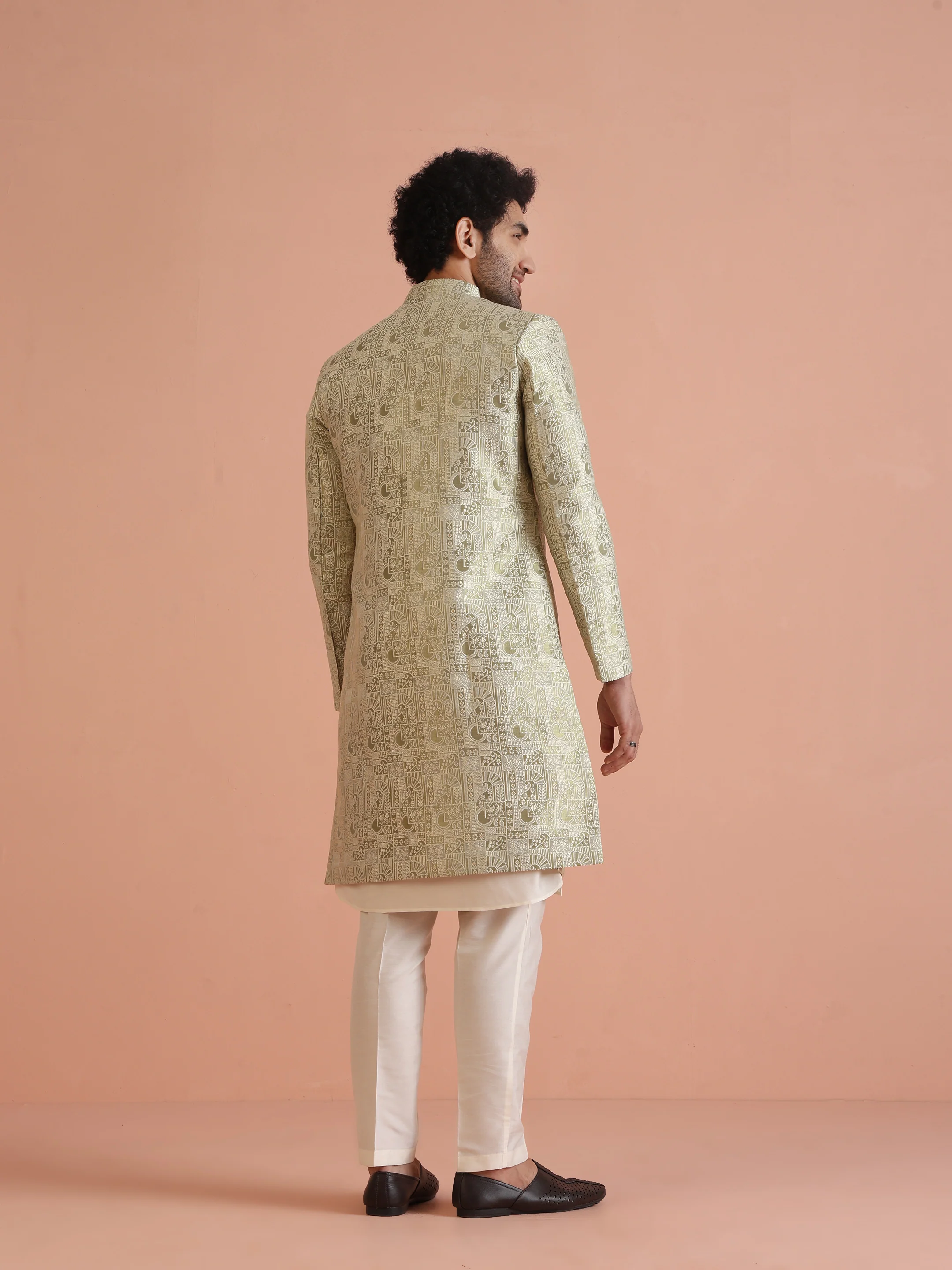 Cream Silk Blend Kurta Sherwani Set with Jacquard Indo-Western Jacket and Trousers â€“ Festive & Wedding Ensemble - Image 4