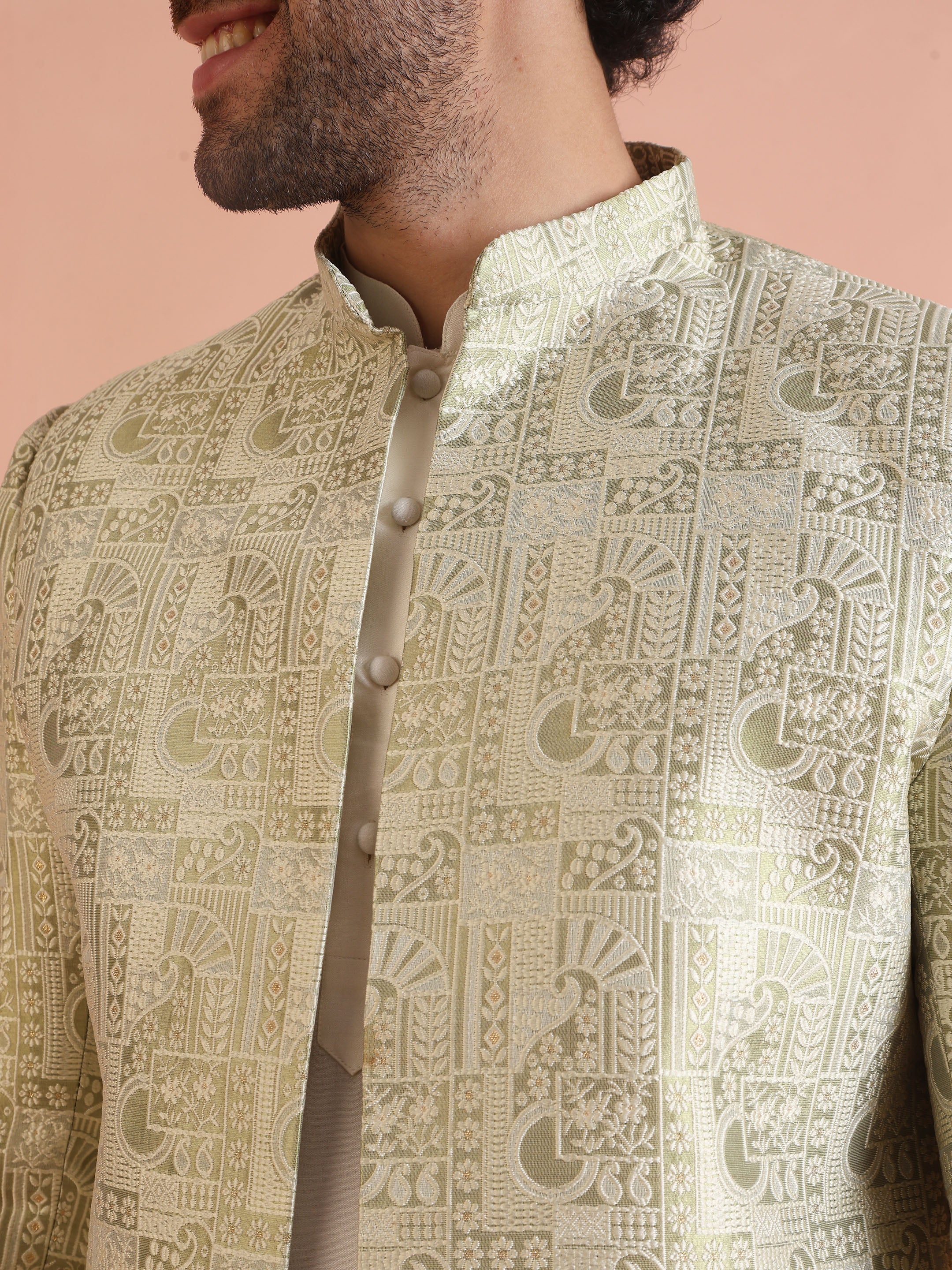 Cream Silk Blend Kurta Sherwani Set with Jacquard Indo-Western Jacket and Trousers â€“ Festive & Wedding Ensemble - Image 5