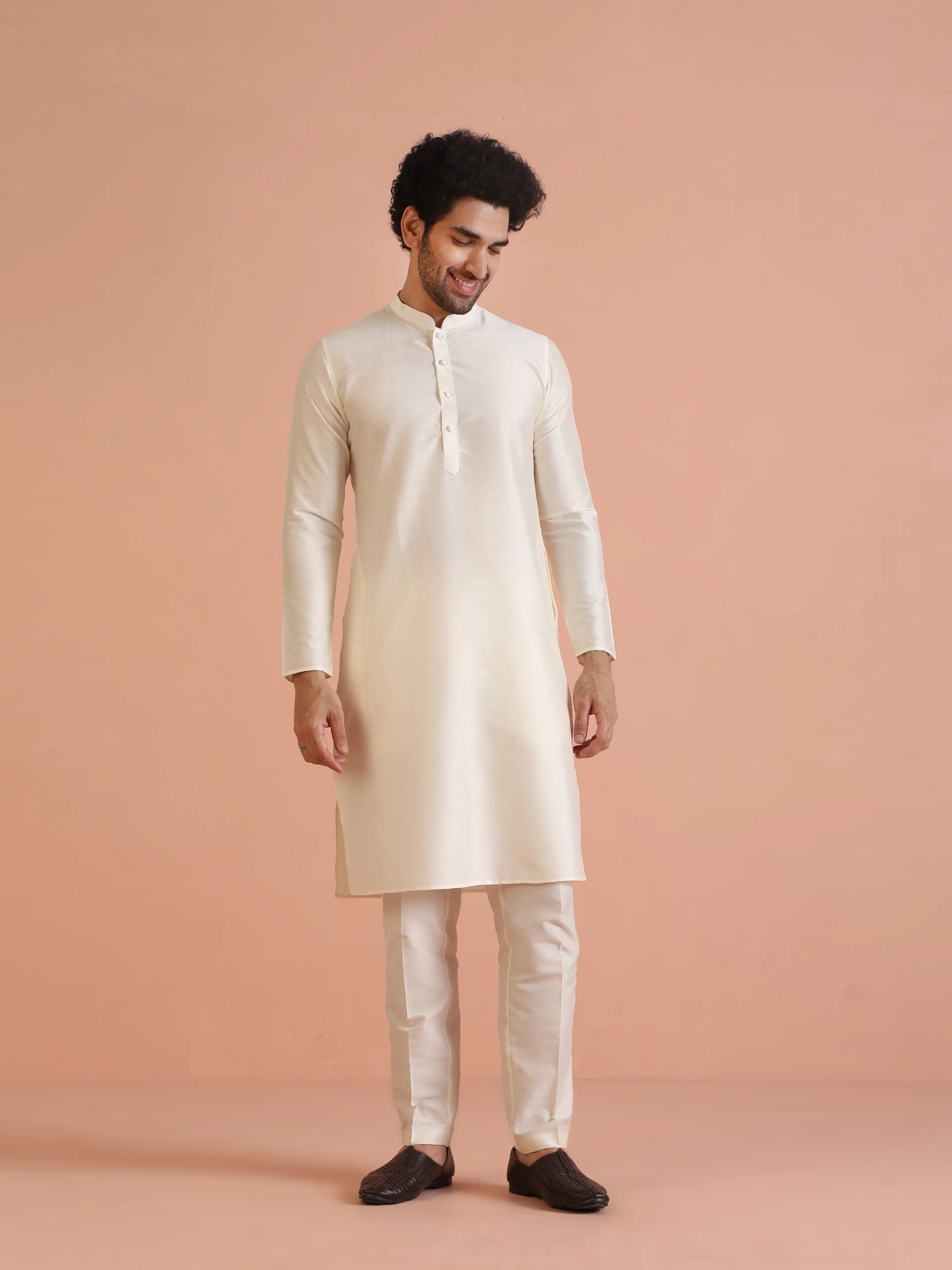 Cream Silk Blend Kurta Sherwani Set with Jacquard Indo-Western Jacket and Trousers â€“ Festive & Wedding Ensemble - Image 6