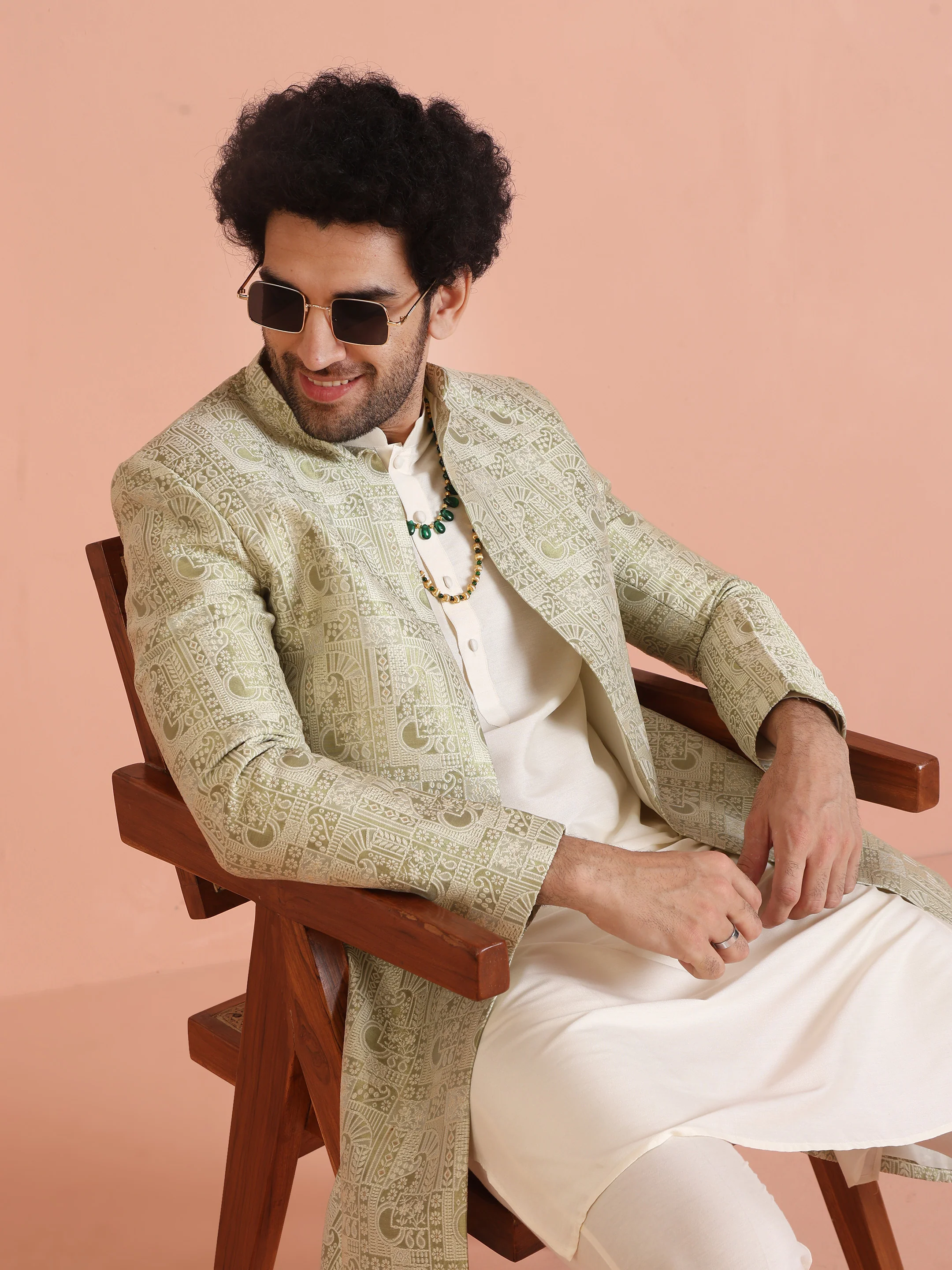 Cream Silk Blend Kurta Sherwani Set with Jacquard Indo-Western Jacket and Trousers â€“ Festive & Wedding Ensemble - Image 7