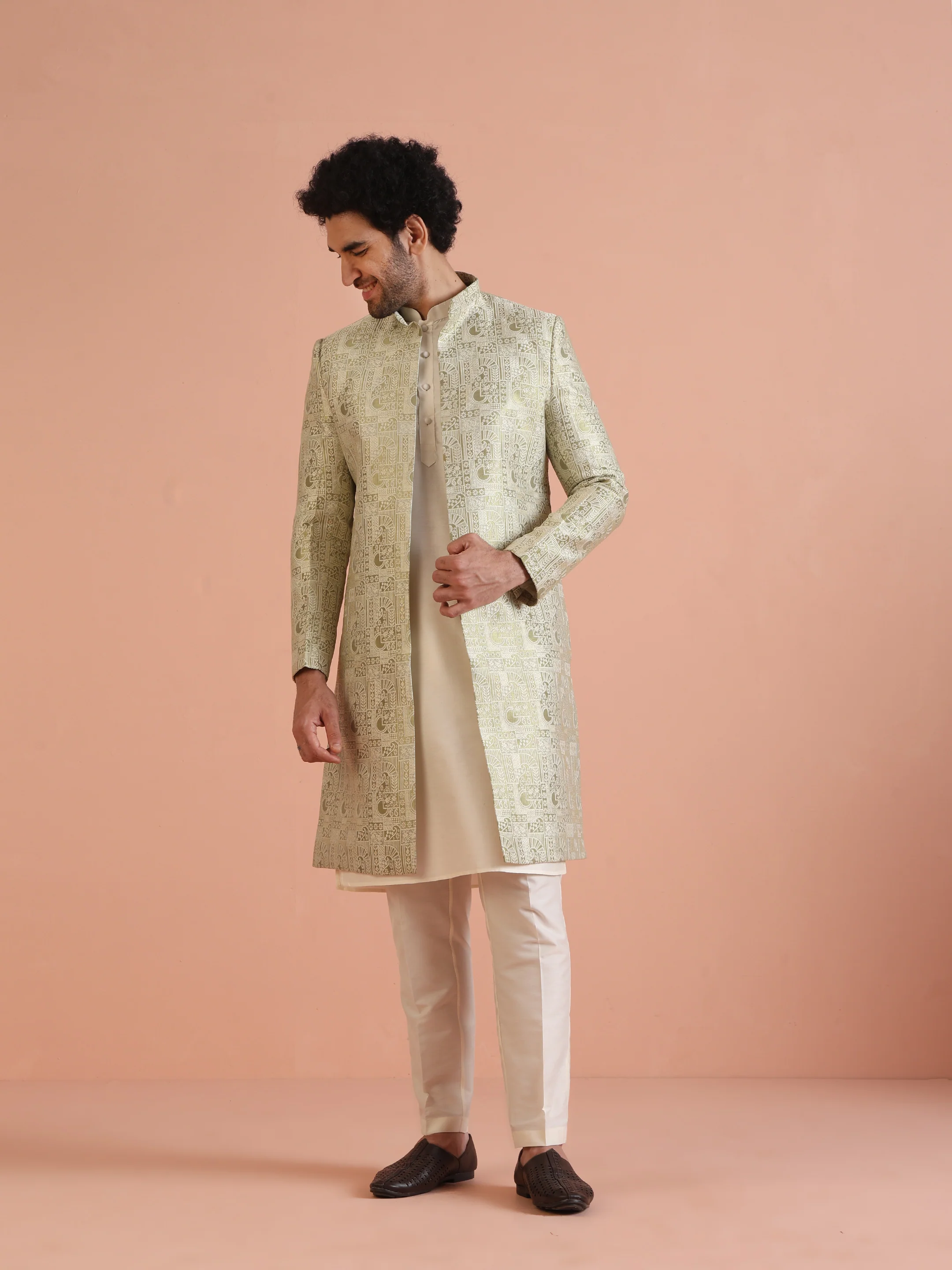 Cream Silk Blend Kurta Sherwani Set with Jacquard Indo-Western Jacket and Trousers â€“ Festive & Wedding Ensemble - Image 8