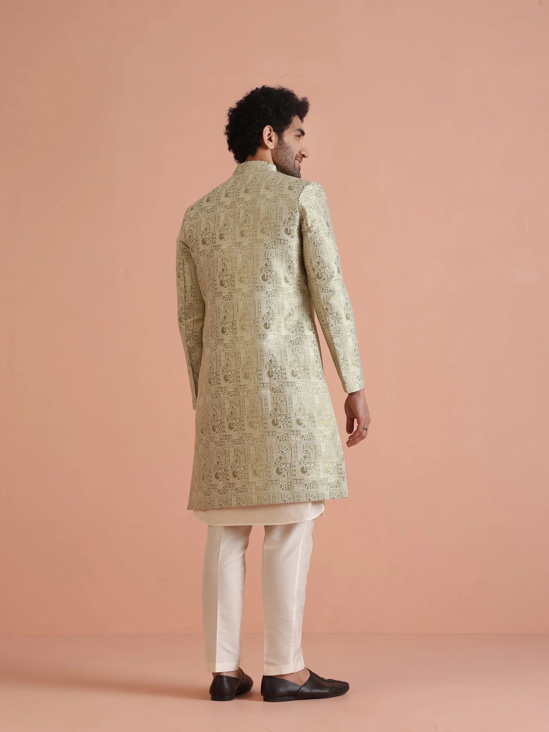 Cream Silk Blend Kurta Sherwani Set with Jacquard Indo-Western Jacket and Trousers â€“ Festive & Wedding Ensemble - Image 9