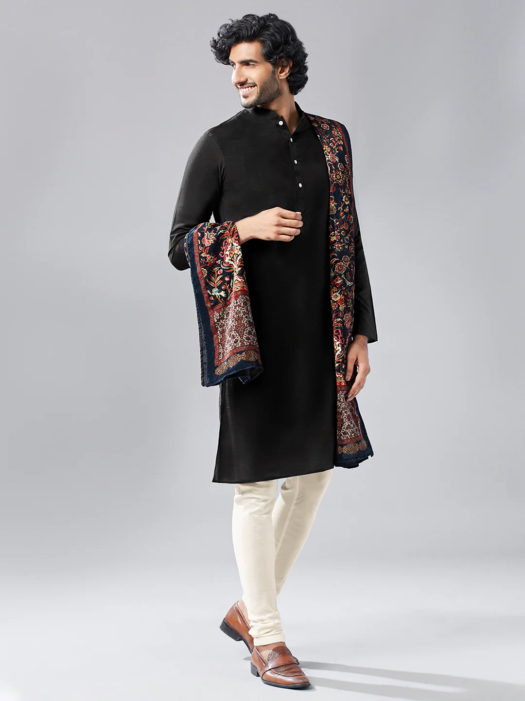 Black Silk Blend Kurta Churidar with Embroidered Dupatta - Image 2