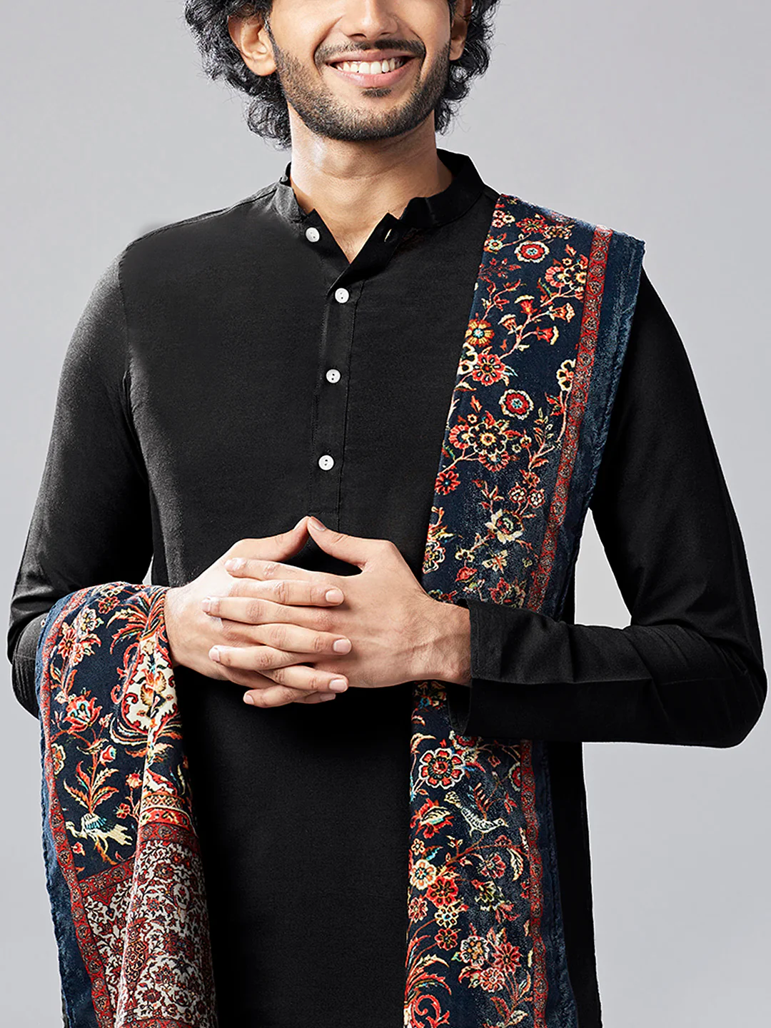 Black Silk Blend Kurta Churidar with Embroidered Dupatta - Image 6