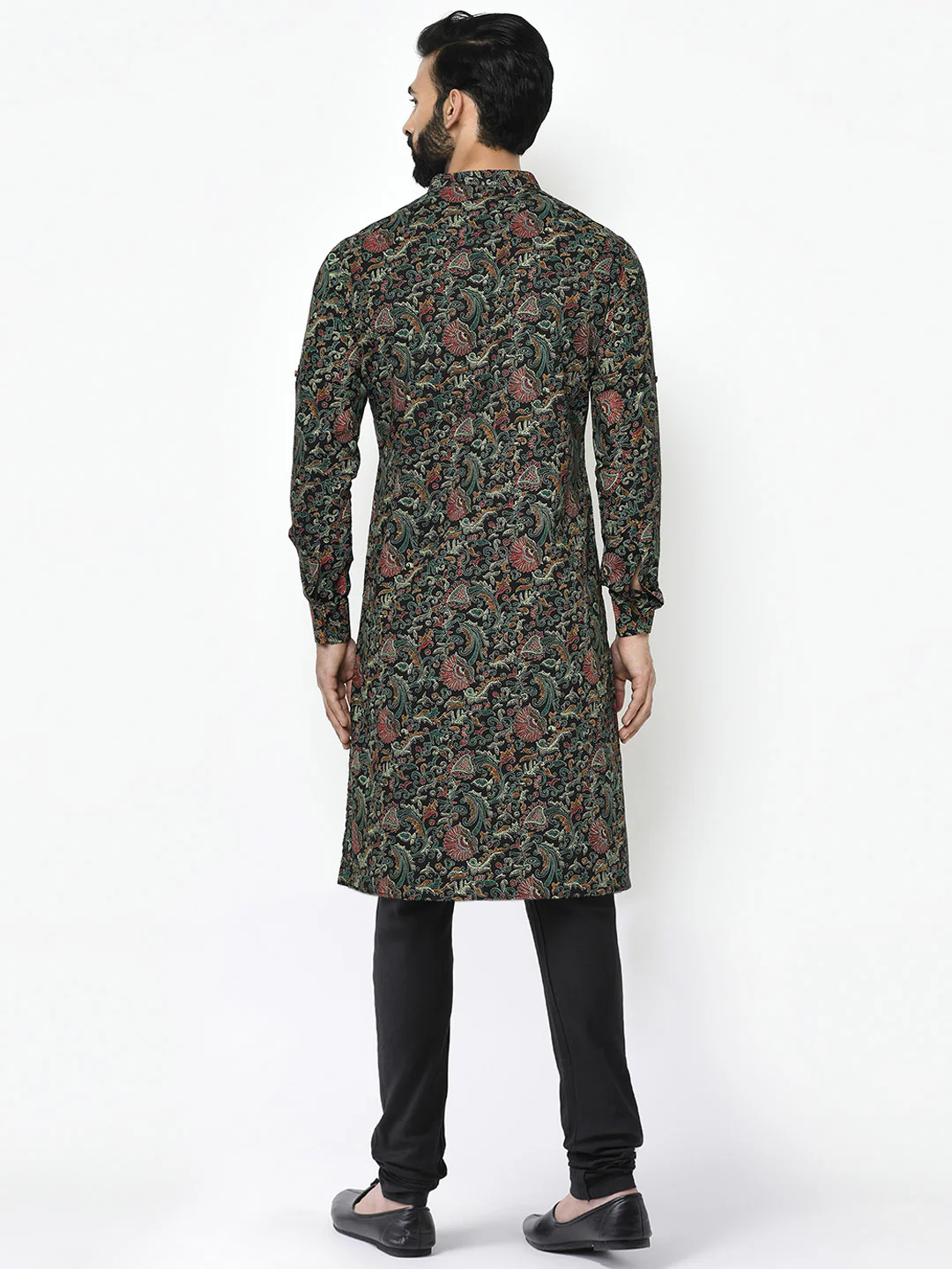 Black Printed Cotton Silk Kurta Churidar Set - Image 4