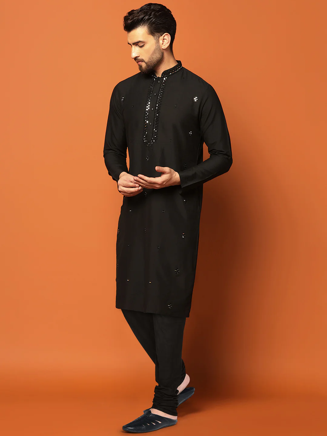 Men Black Mirror Work Elegant Festive Kurta Churidar Set - Image 3