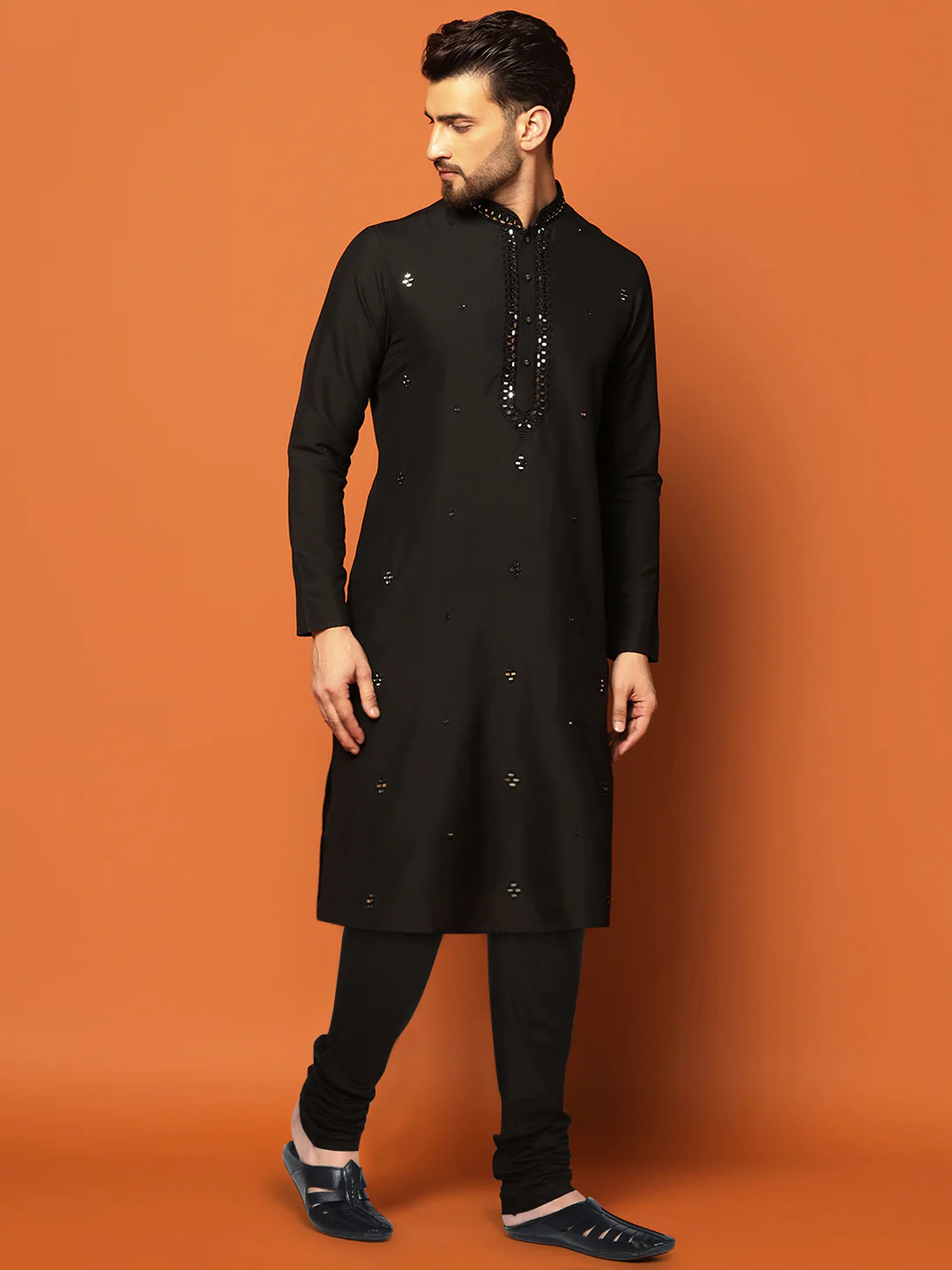 Men Black Mirror Work Elegant Festive Kurta Churidar Set - Image 4
