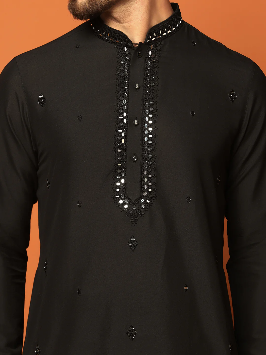 Men Black Mirror Work Elegant Festive Kurta Churidar Set - Image 6