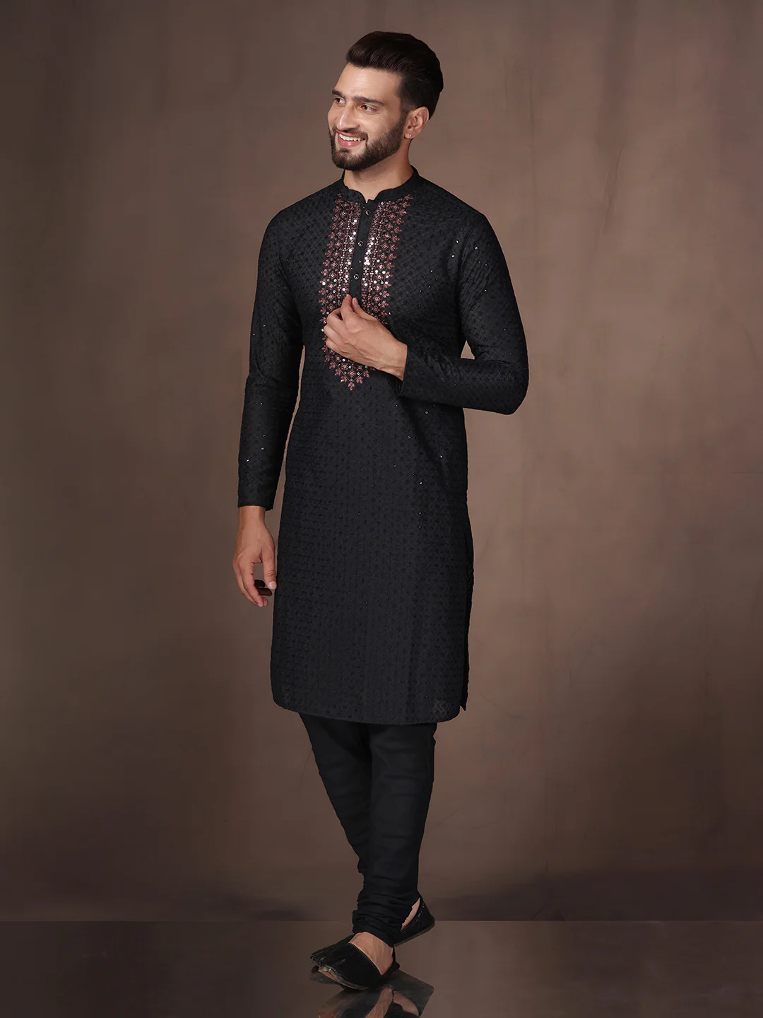 Black Embroidered Kurta Set with Churidar - Image 3