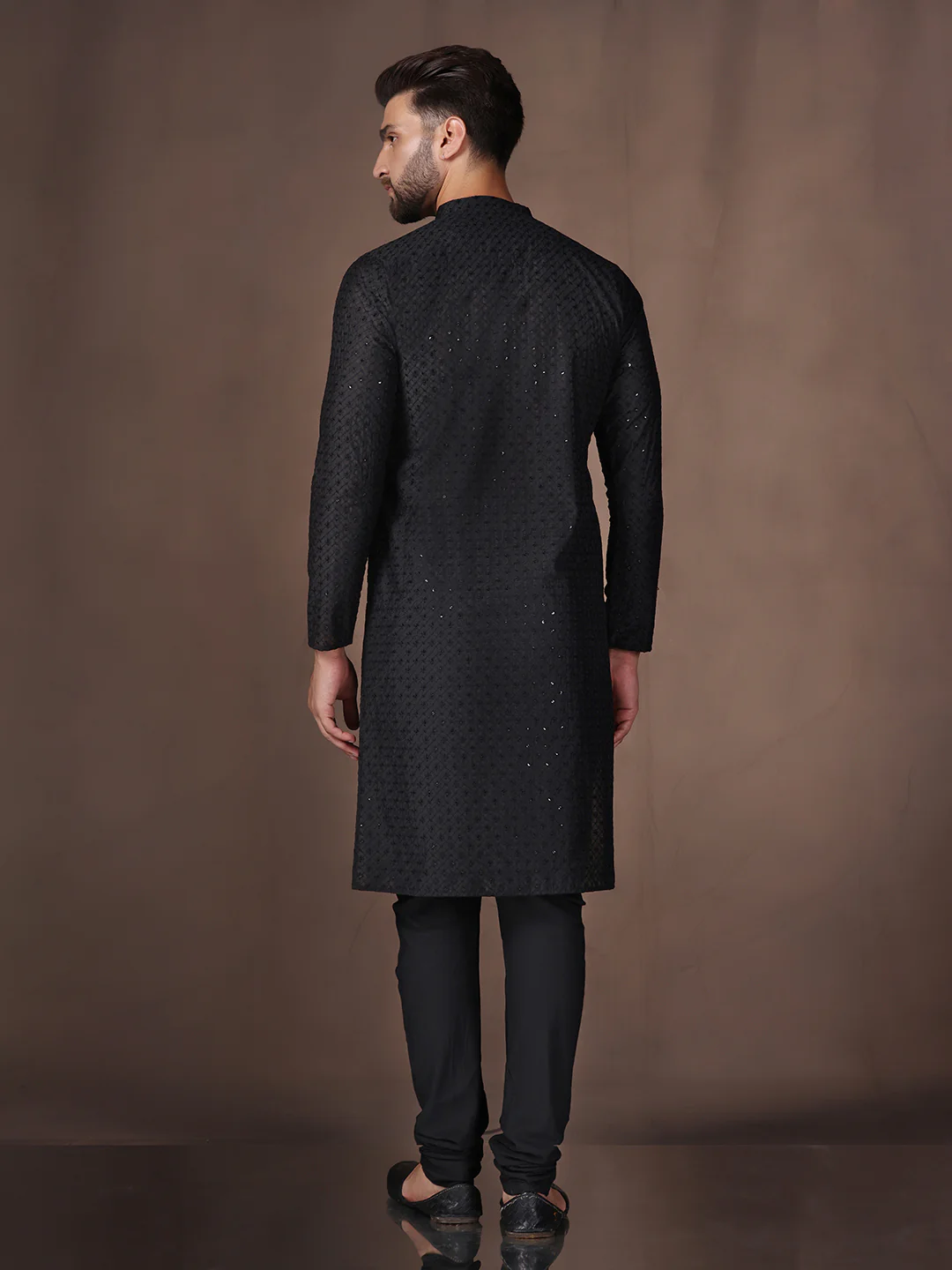 Black Embroidered Kurta Set with Churidar - Image 4