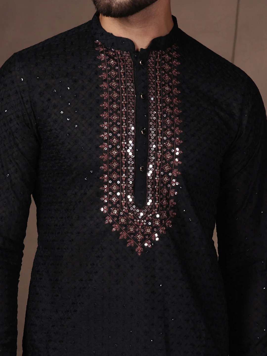 Black Embroidered Kurta Set with Churidar - Image 5