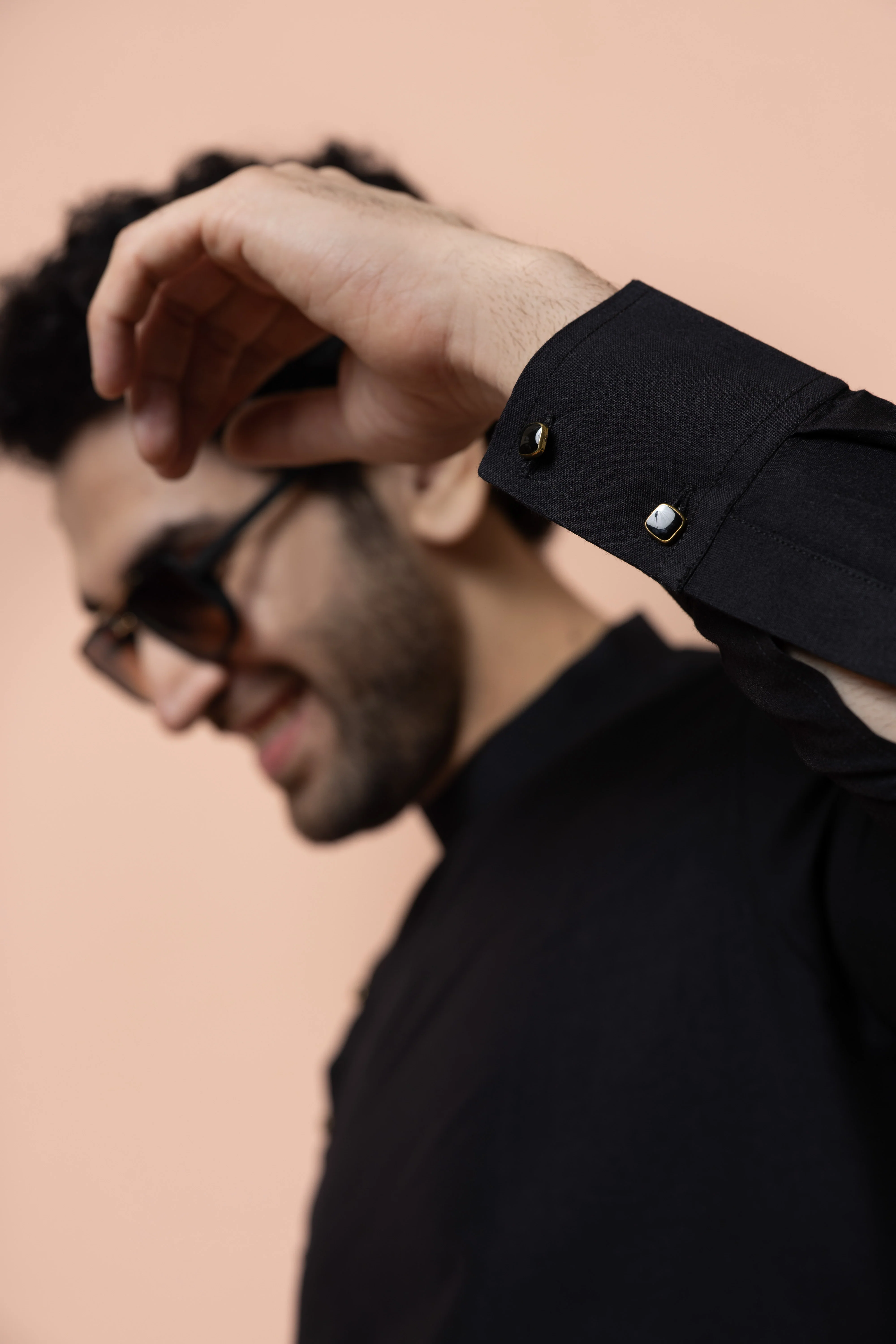 Men Black Solid Asymmetrical Kurta Dhoti Set - Image 2