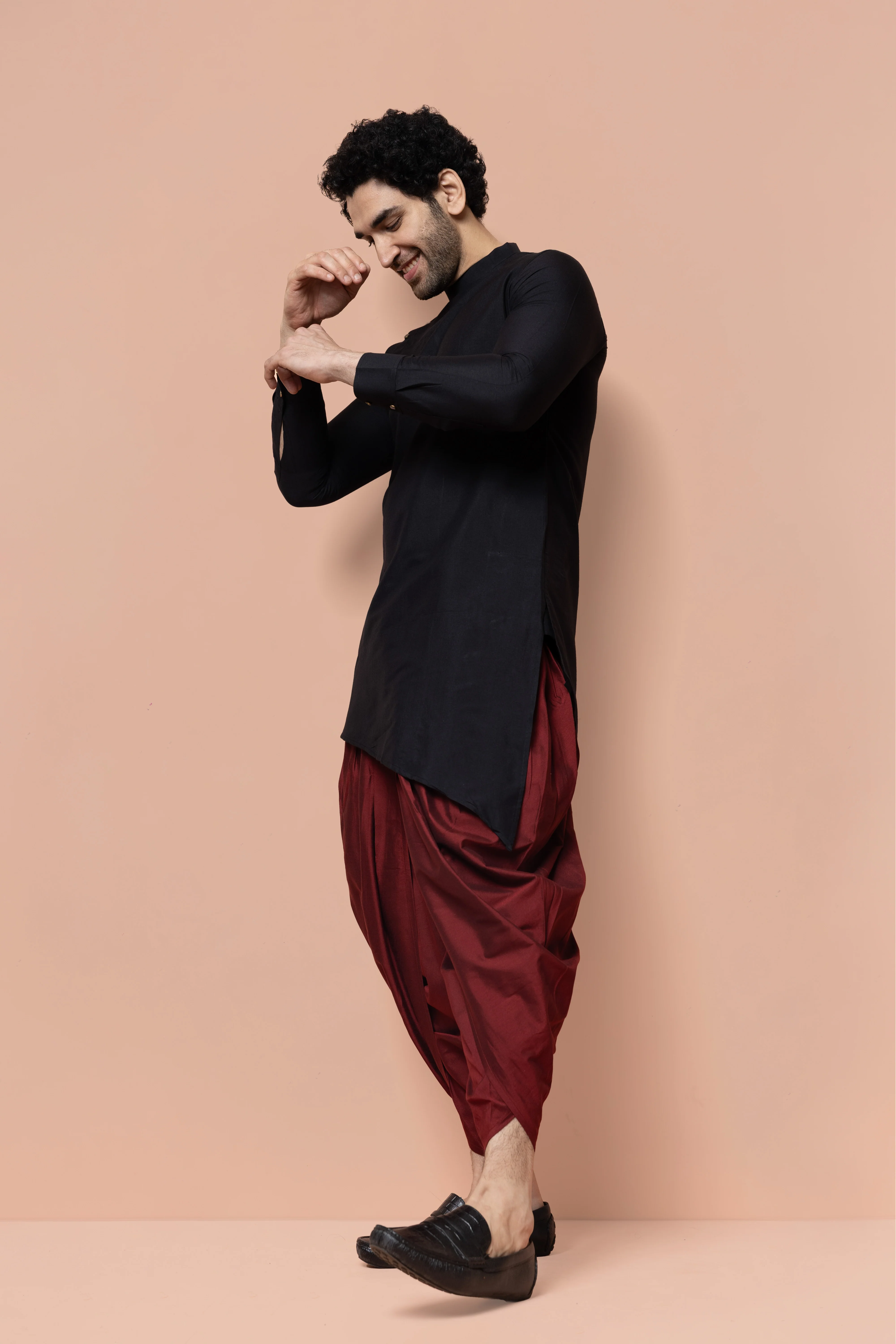 Men Black Solid Asymmetrical Kurta Dhoti Set - Image 3