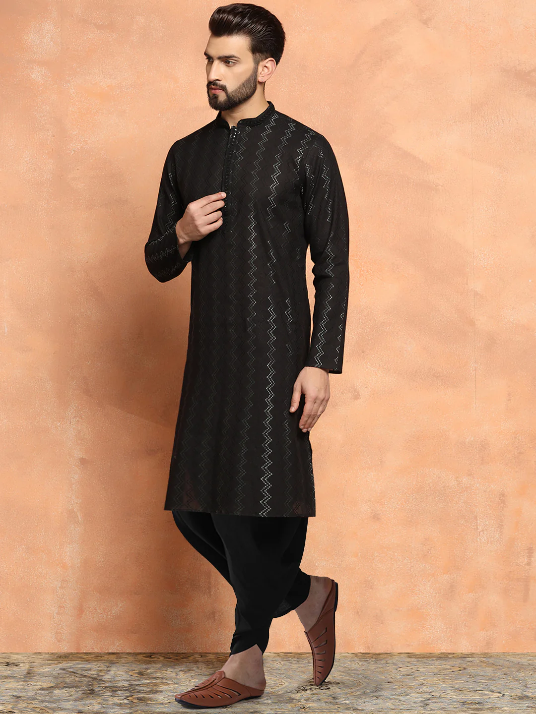 Men's Black Kurta Dhoti Set - Image 3