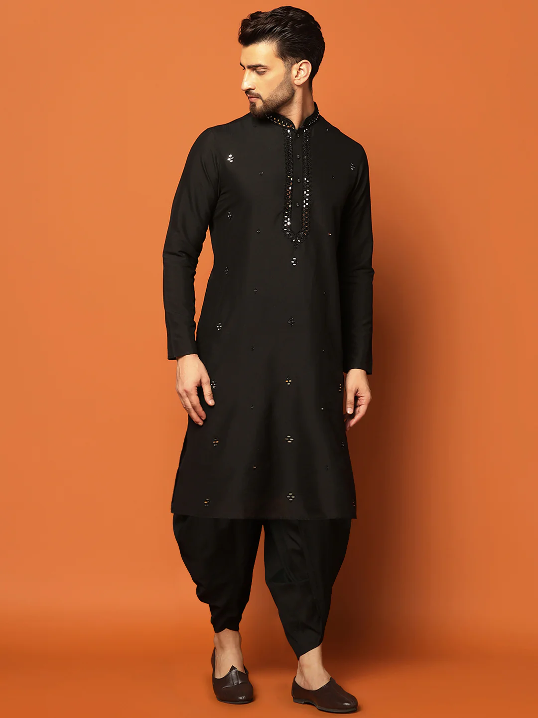 Men Black Embellished Mirror Work Kurta Dhoti Set - Image 3