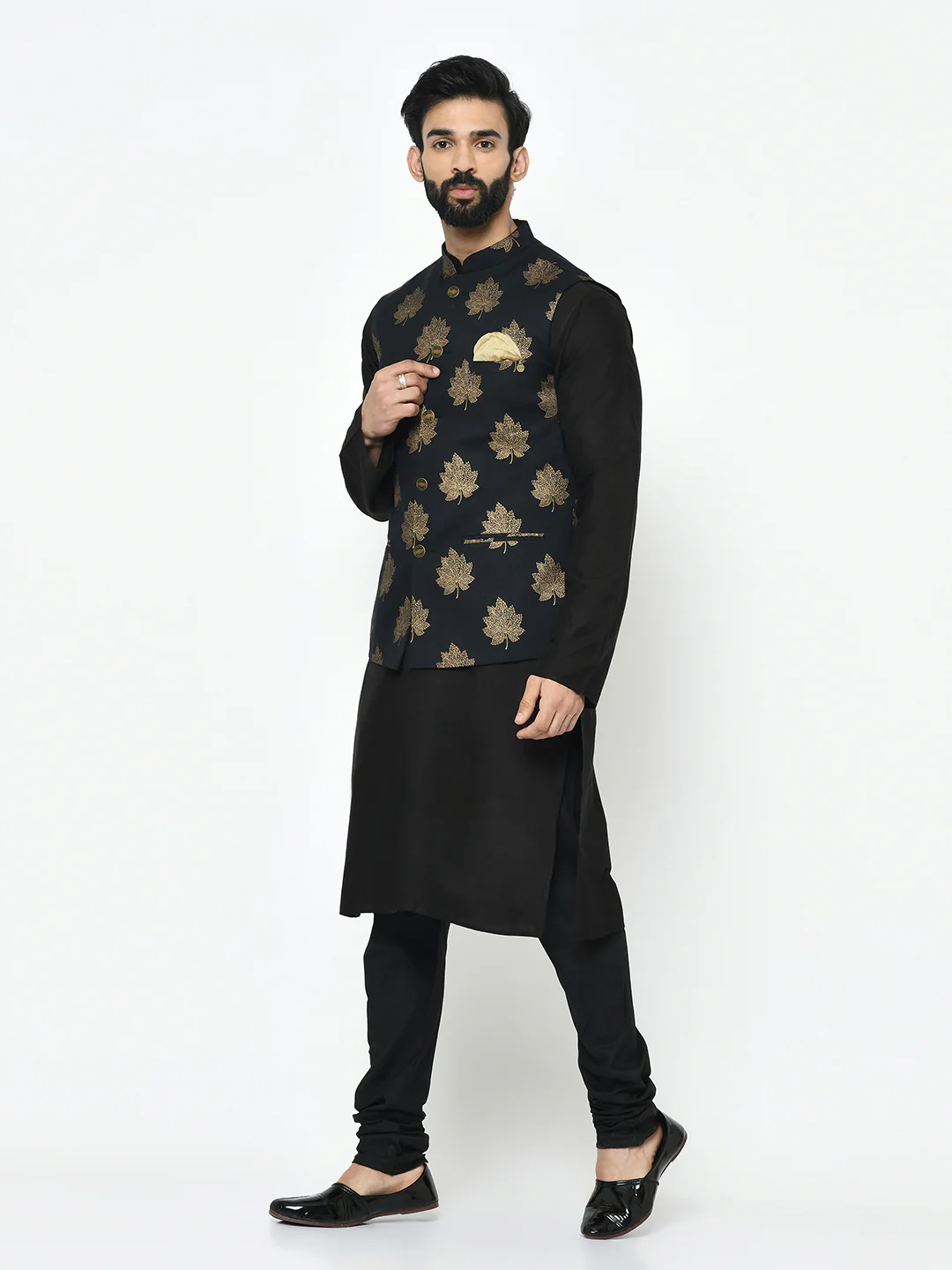 Black Printed Jacket Kurta Churidar Set - Image 3