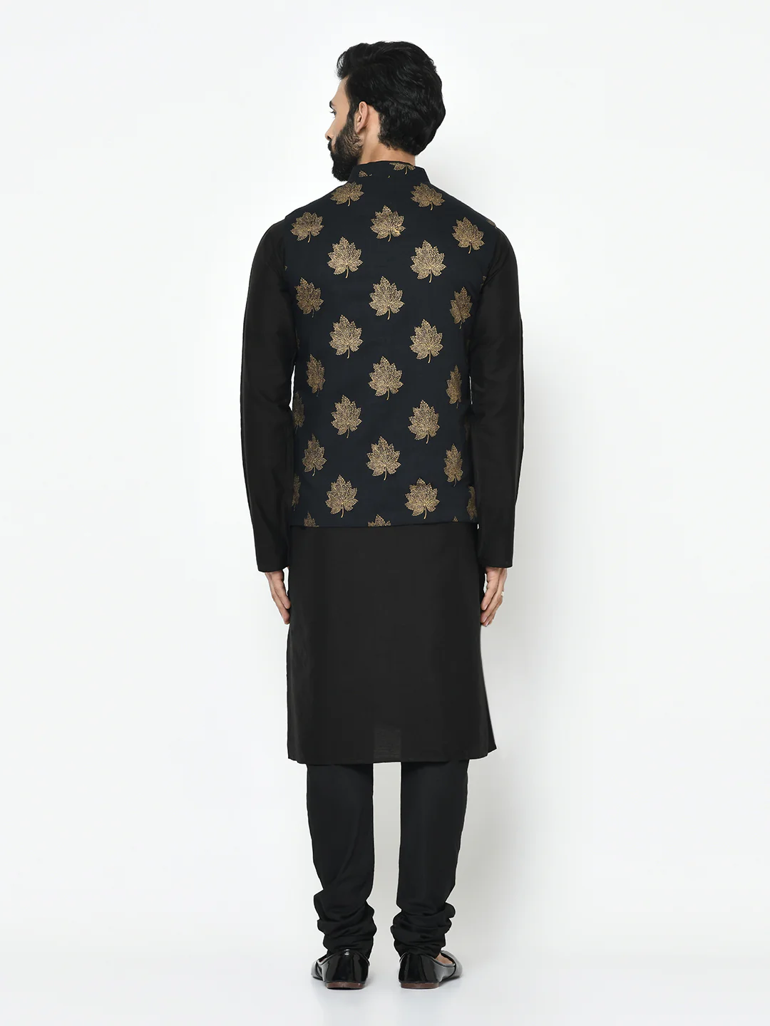 Black Printed Jacket Kurta Churidar Set - Image 4