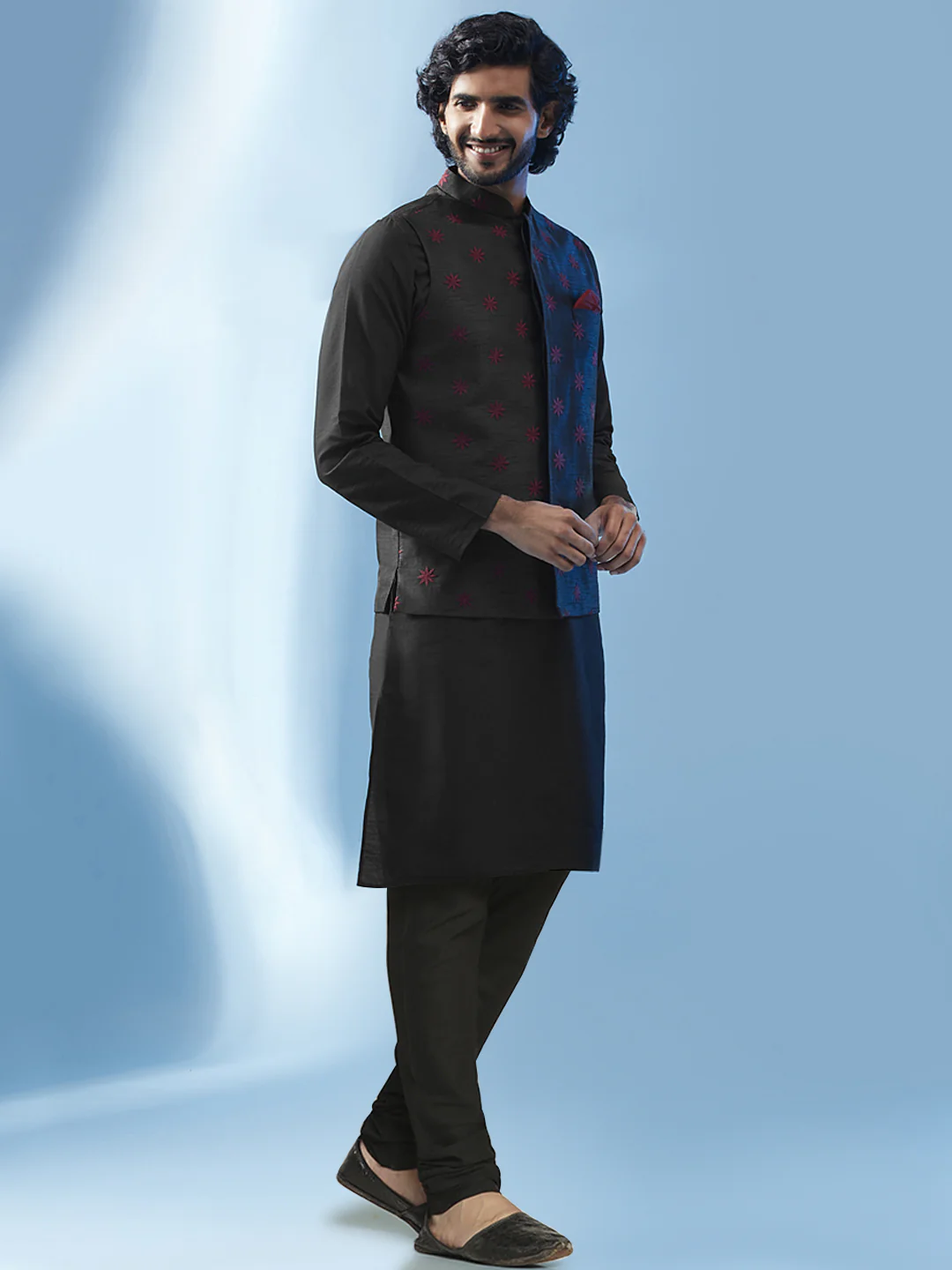 Men's Black Kurta Jacket Churidar Set - Image 2