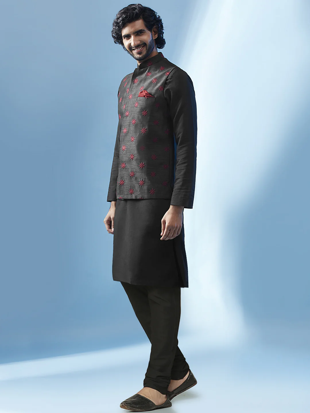 Men's Black Kurta Jacket Churidar Set - Image 3