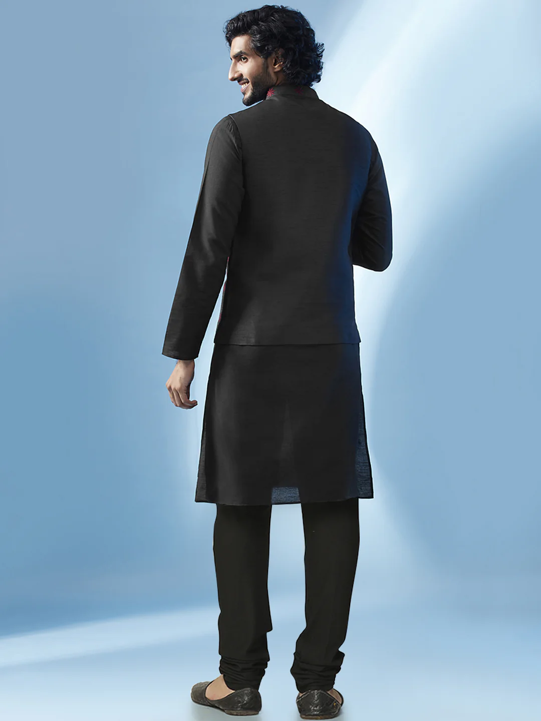 Men's Black Kurta Jacket Churidar Set - Image 4