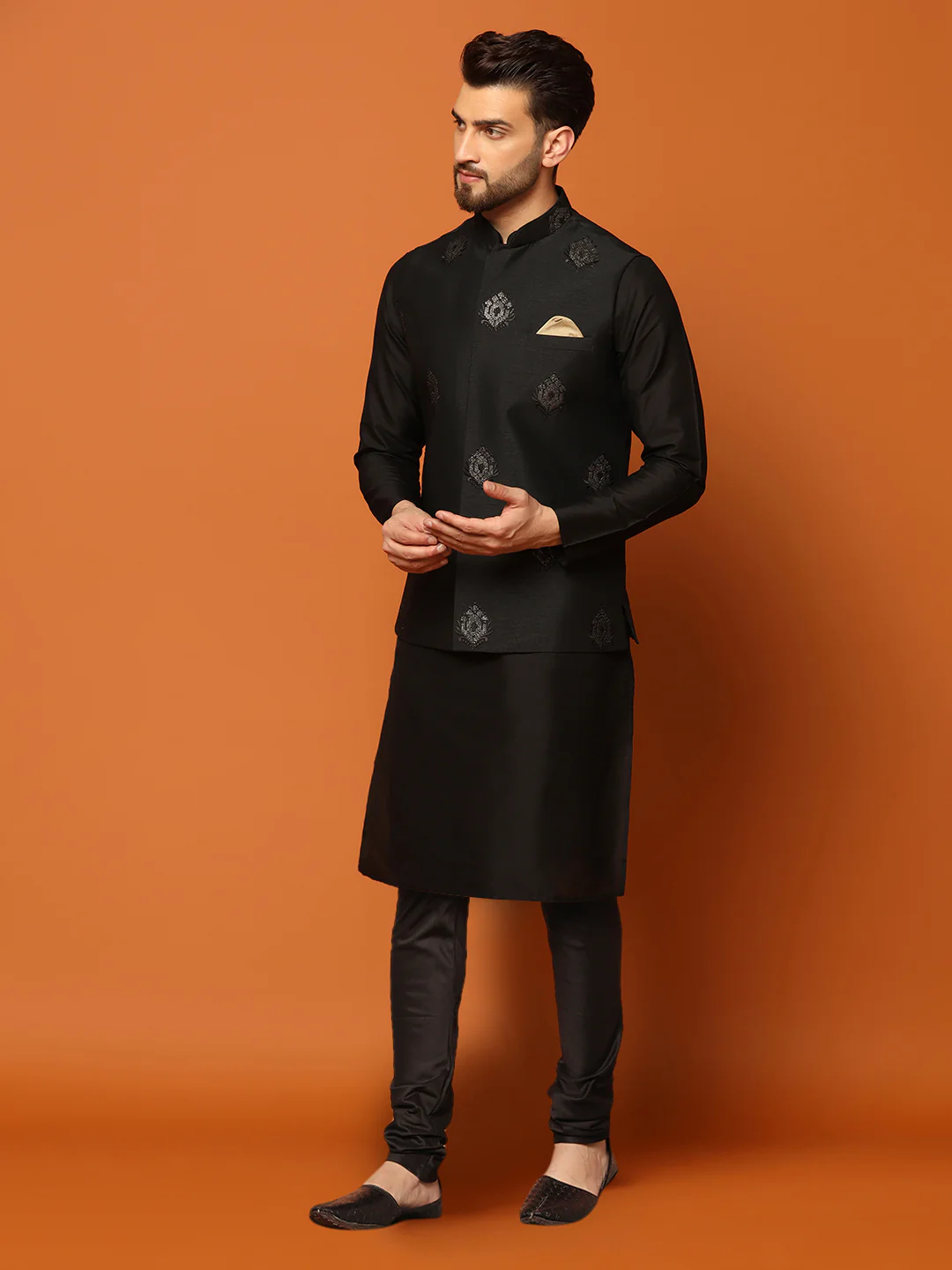Black Cotton Embroidered Nehru Jacket Kurta Churidar - Image 3