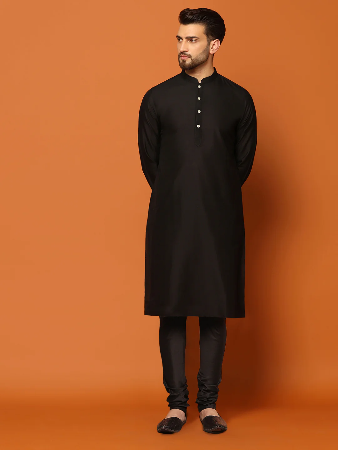 Black Cotton Embroidered Nehru Jacket Kurta Churidar - Image 5