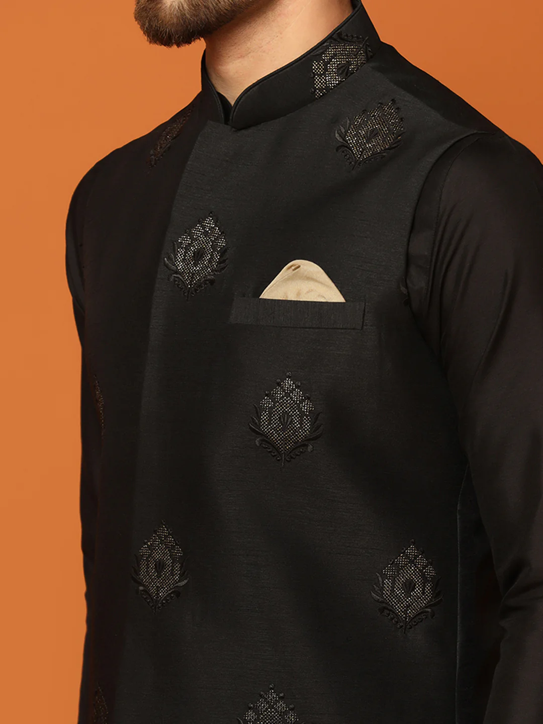Black Cotton Embroidered Nehru Jacket Kurta Churidar - Image 6