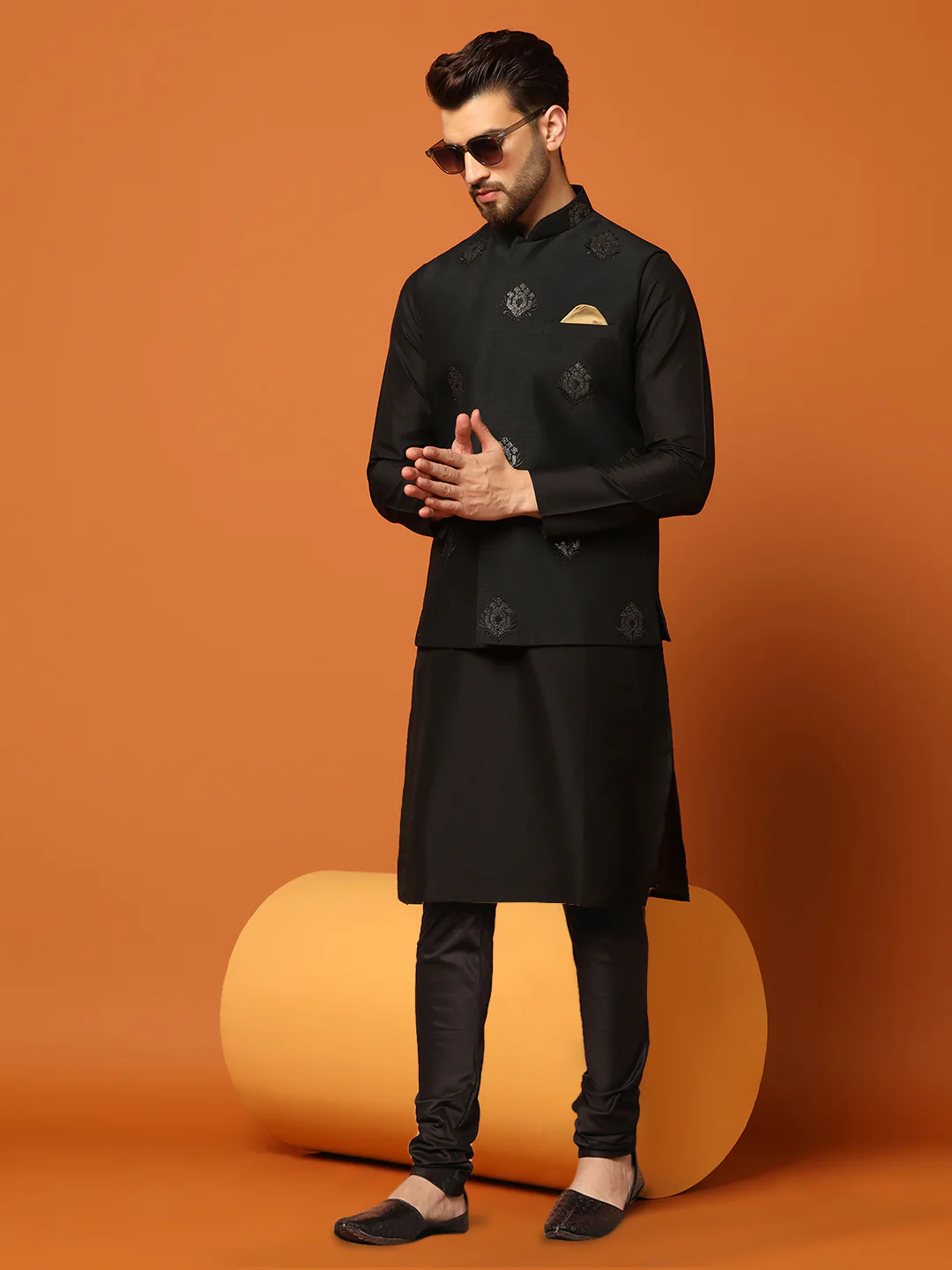 Black Cotton Embroidered Nehru Jacket Kurta Churidar - Image 8