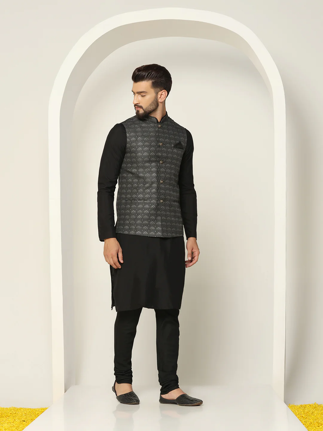 Grey Jacquard Silk Blend Nehru Jacket Kurta Churidar Set - Image 2
