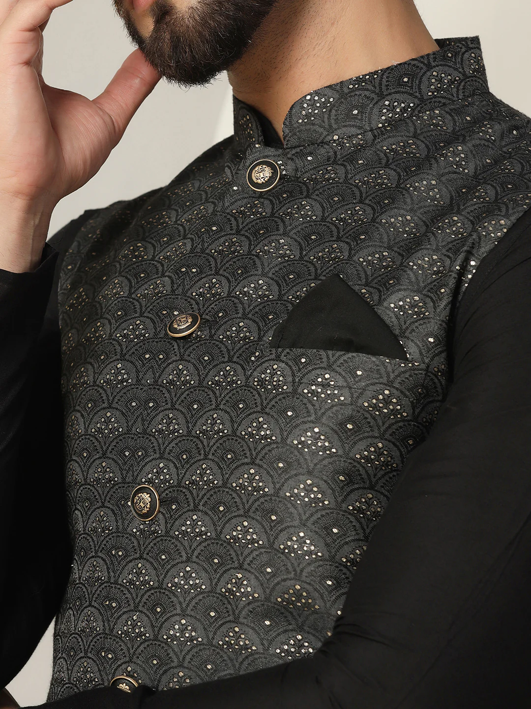 Grey Jacquard Silk Blend Nehru Jacket Kurta Churidar Set - Image 6