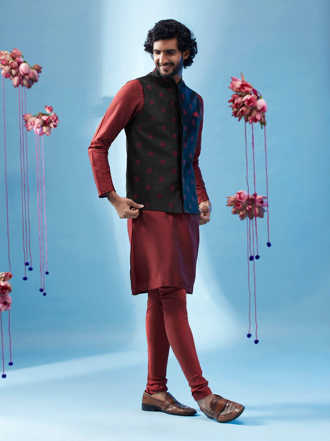 Maroon Cotton Embroidered Nehru Jacket Kurta Churidar - Image 2